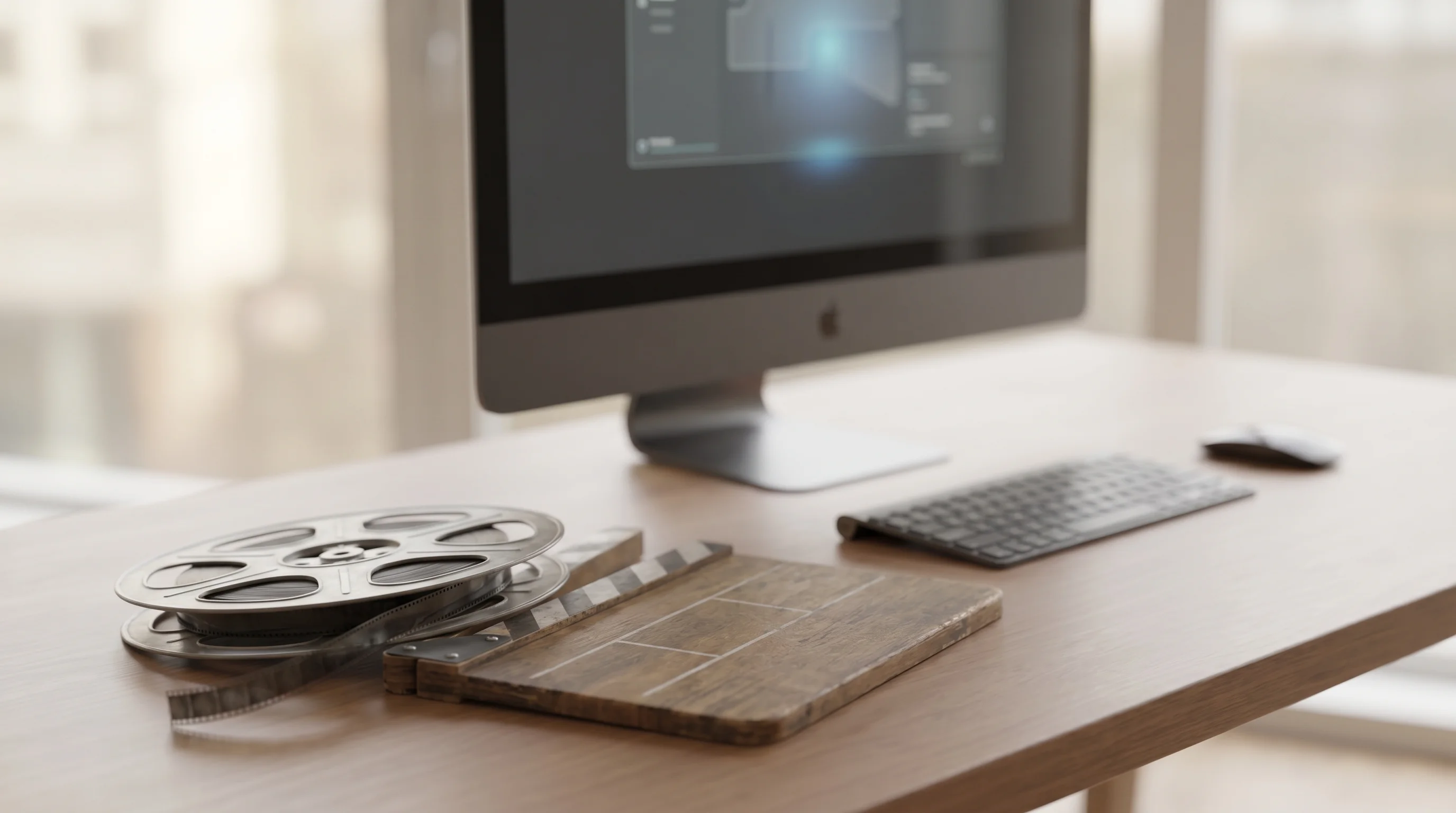 Digital illustration for article section "What It Can't Do" in "VidStudio Launches Privacy-First Video Editor That Never Uploads Files" - An image of a film reel and a clapperboard on a desk, indirectly representing the limitations of the...