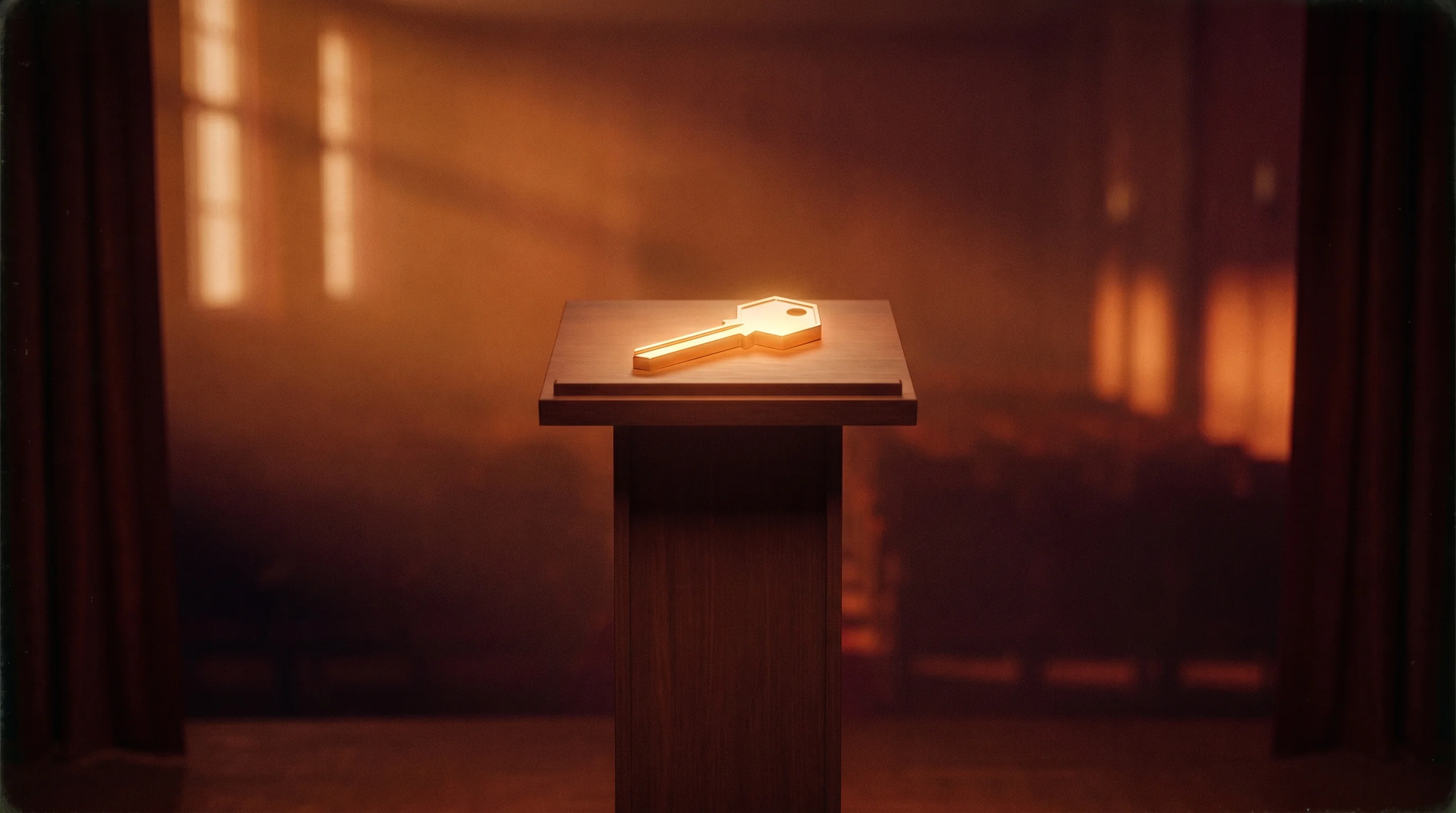 Digital illustration for article section "Why This Matters Beyond Brand Posturing" in "Belong's YC Demo Day Debut: Unverified Community Platform Claim" - A sleek, minimalist presentation podium standing in a quiet, softly lit space, symbolizing the power...