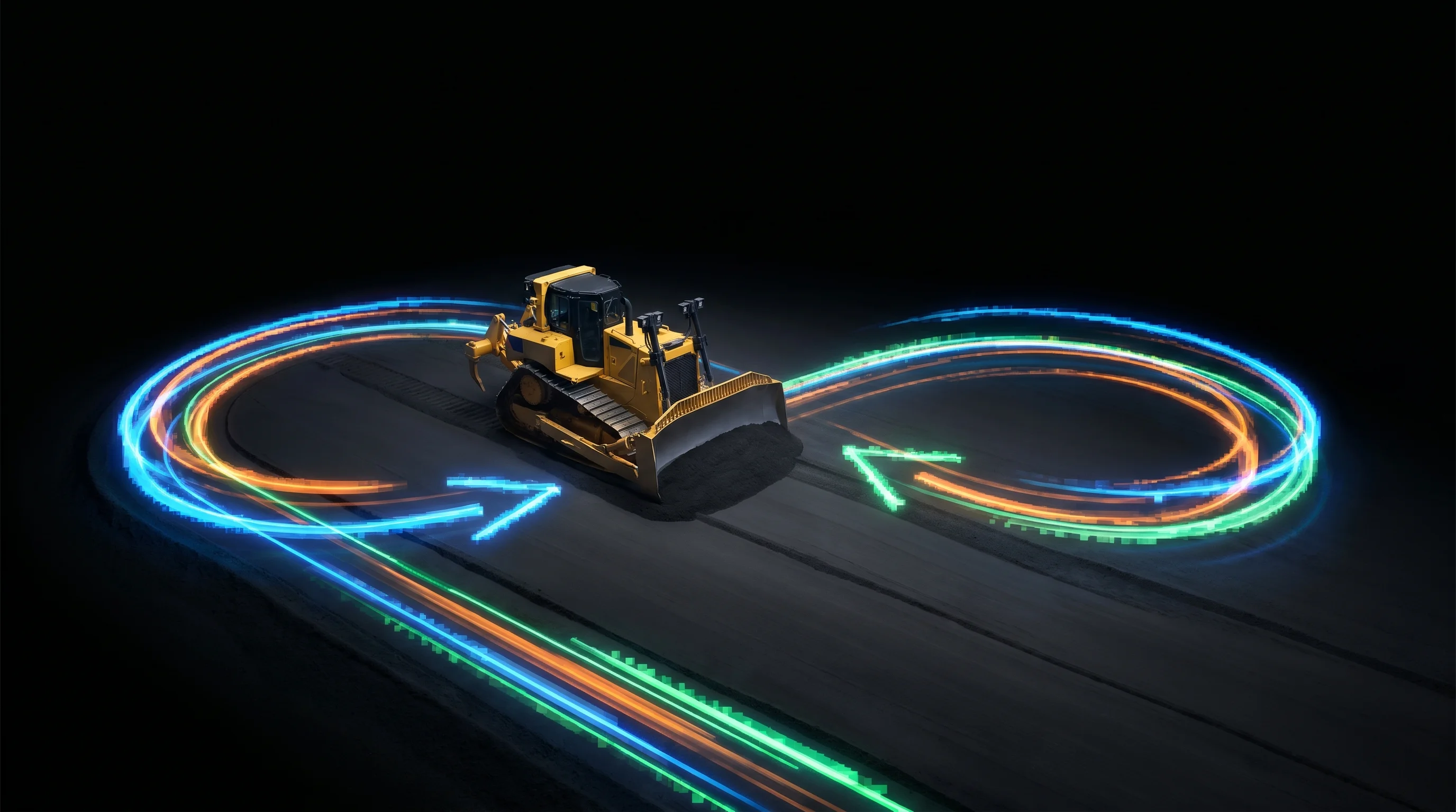 Digital illustration for article section "Real-World Deployments, If Still Limited" in "Crewline Raises $7.1M to Automate Construction Rollers" - A clean, minimalist conceptual representation of a modern earth-moving bulldozer grading a vast, fla...