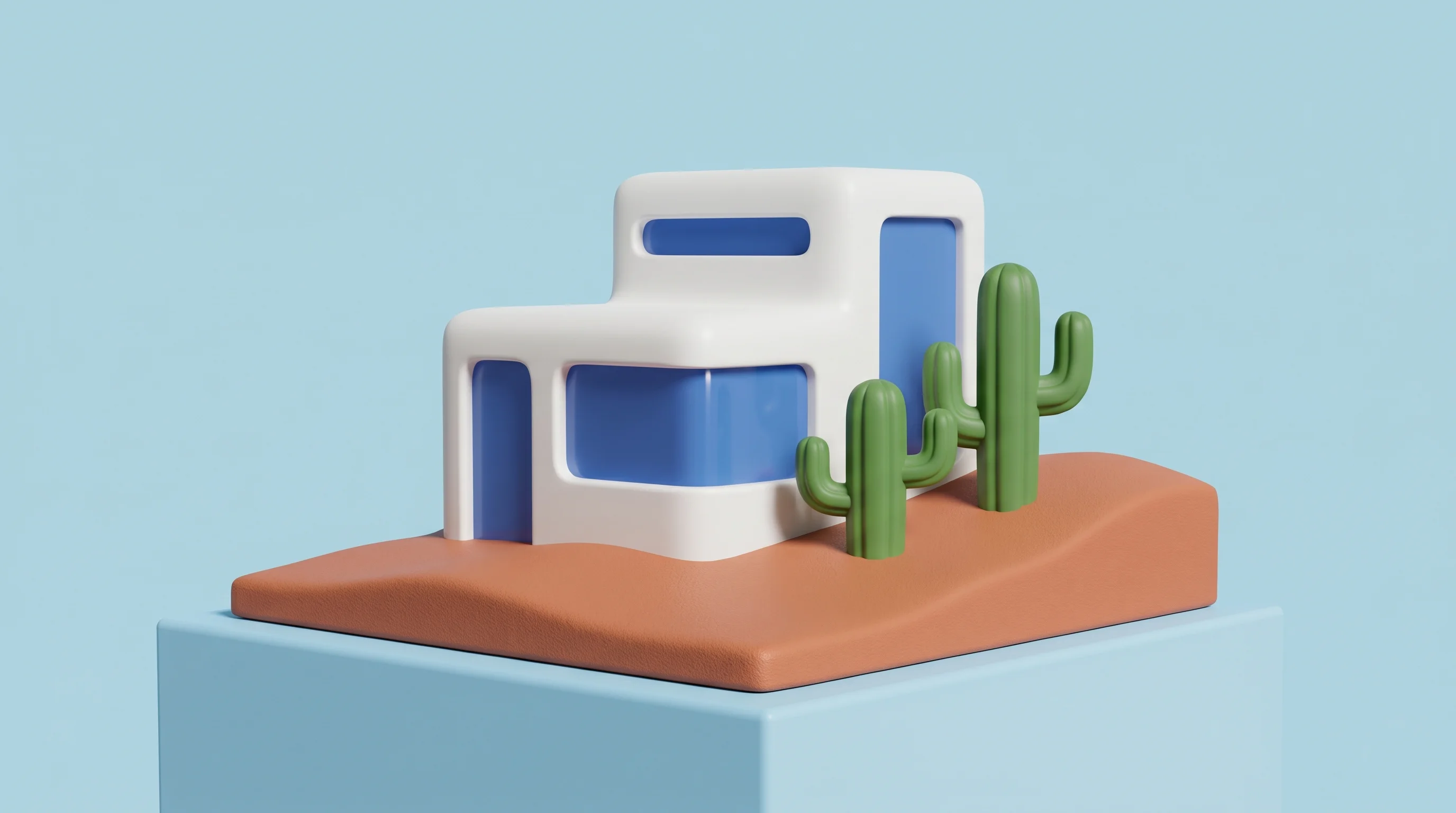 Digital illustration for article section "Heading to Arizona" in "Syenta Raises $26M Series A to Solve AI Chip Packaging Bottleneck" - A minimalist, 3D pop art toy style conceptual diorama featuring a sleek, modern miniature research f...