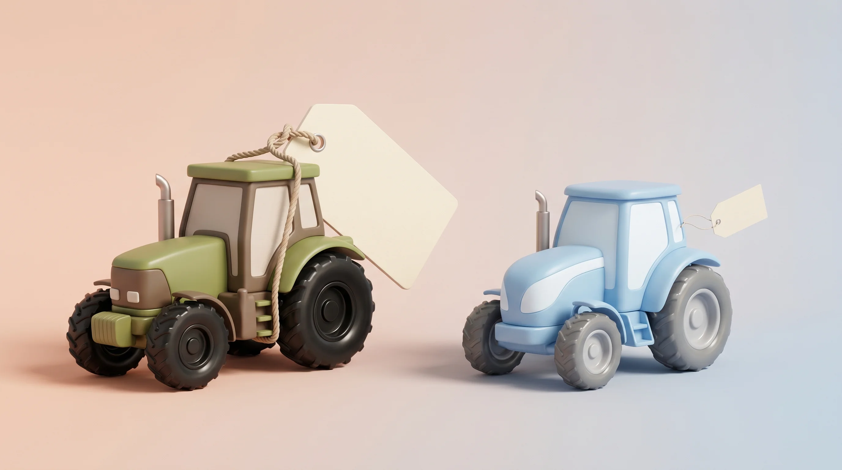 Digital illustration for article section "The Price Gap Is Real" in "Alberta Startup's $95K No-Tech Tractors Challenge John Deere" - A minimalist, conceptual 3D illustration of two agricultural tractors placed side-by-side on a smoot...
