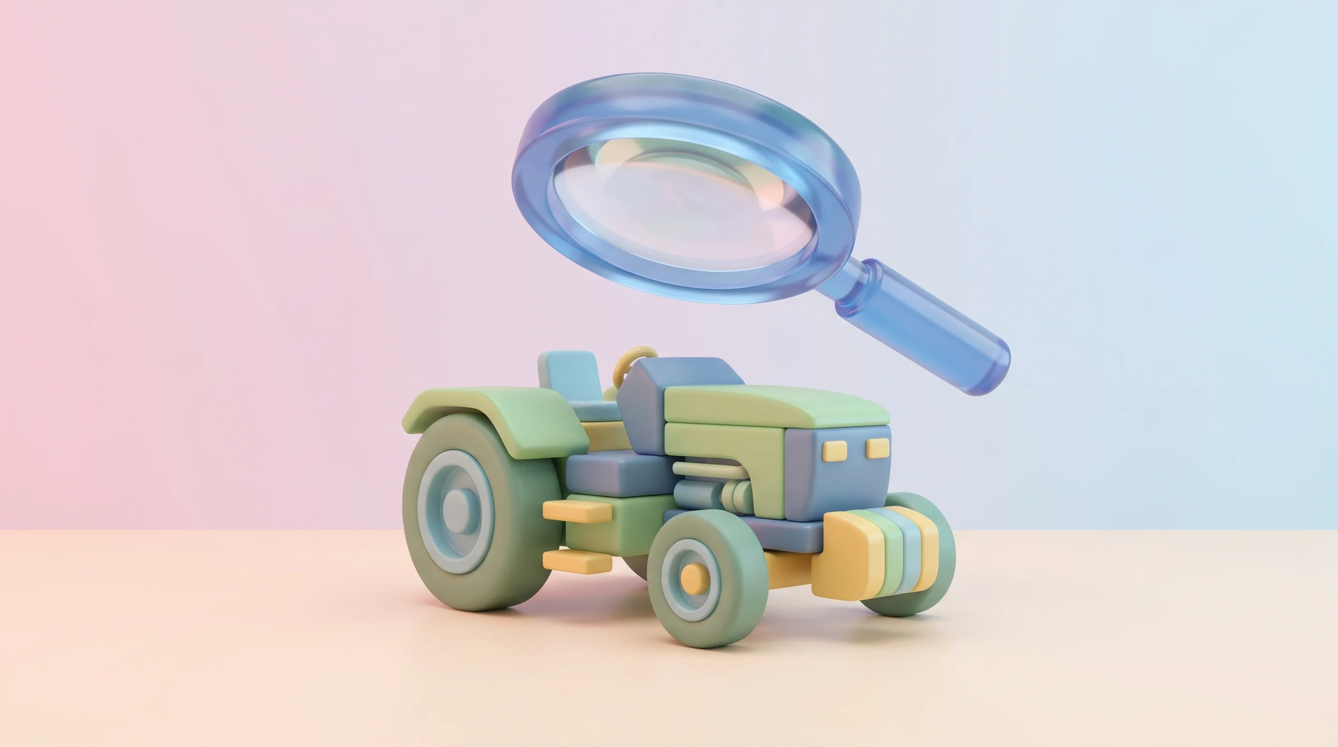 Digital illustration for article section "The Details Get Complicated" in "Alberta Startup's $95K No-Tech Tractors Challenge John Deere" - A clean, minimalist 3D pop art toy style illustration of a partially assembled agricultural tractor ...