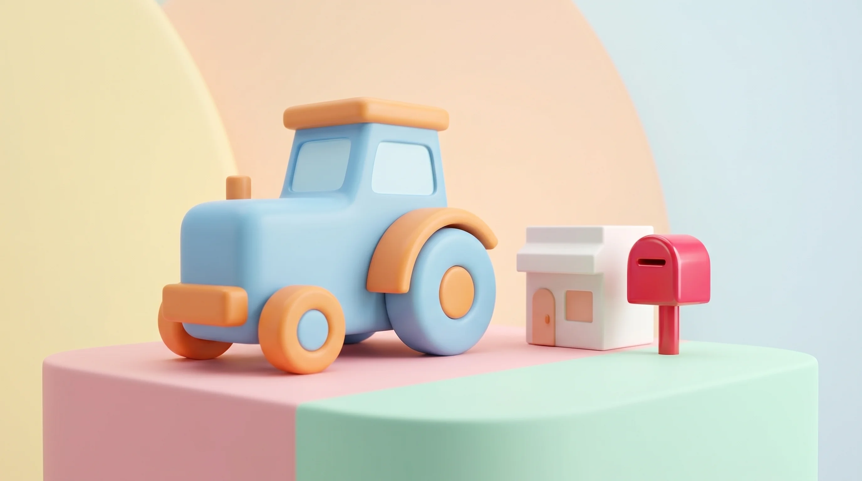 Digital illustration for article section "What's Actually There" in "Alberta Startup's $95K No-Tech Tractors Challenge John Deere" - A clean, minimalist 3D designer toy style scene featuring an exaggerated, geometric agricultural tra...