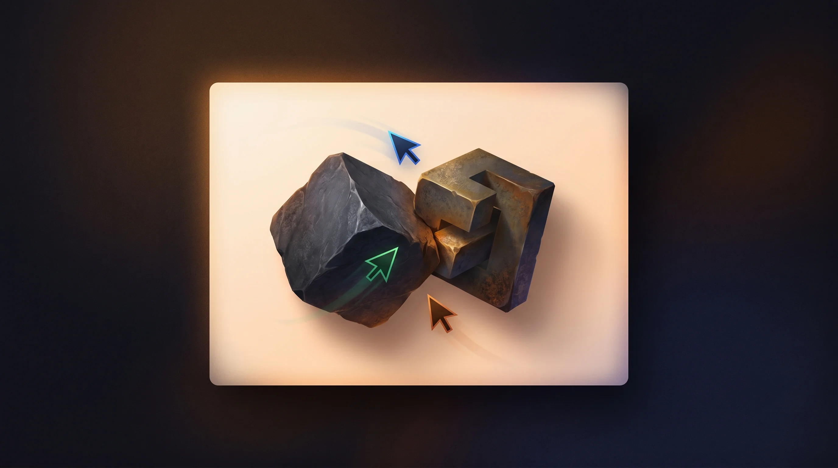 Digital illustration for article section "When Two Hard Problems Collide" in "UK Startup Merges Graph Databases with CRDTs for Real-Time Collab" - A clean, minimal, and conceptual composition featuring two distinct, heavy abstract geometric blocks...