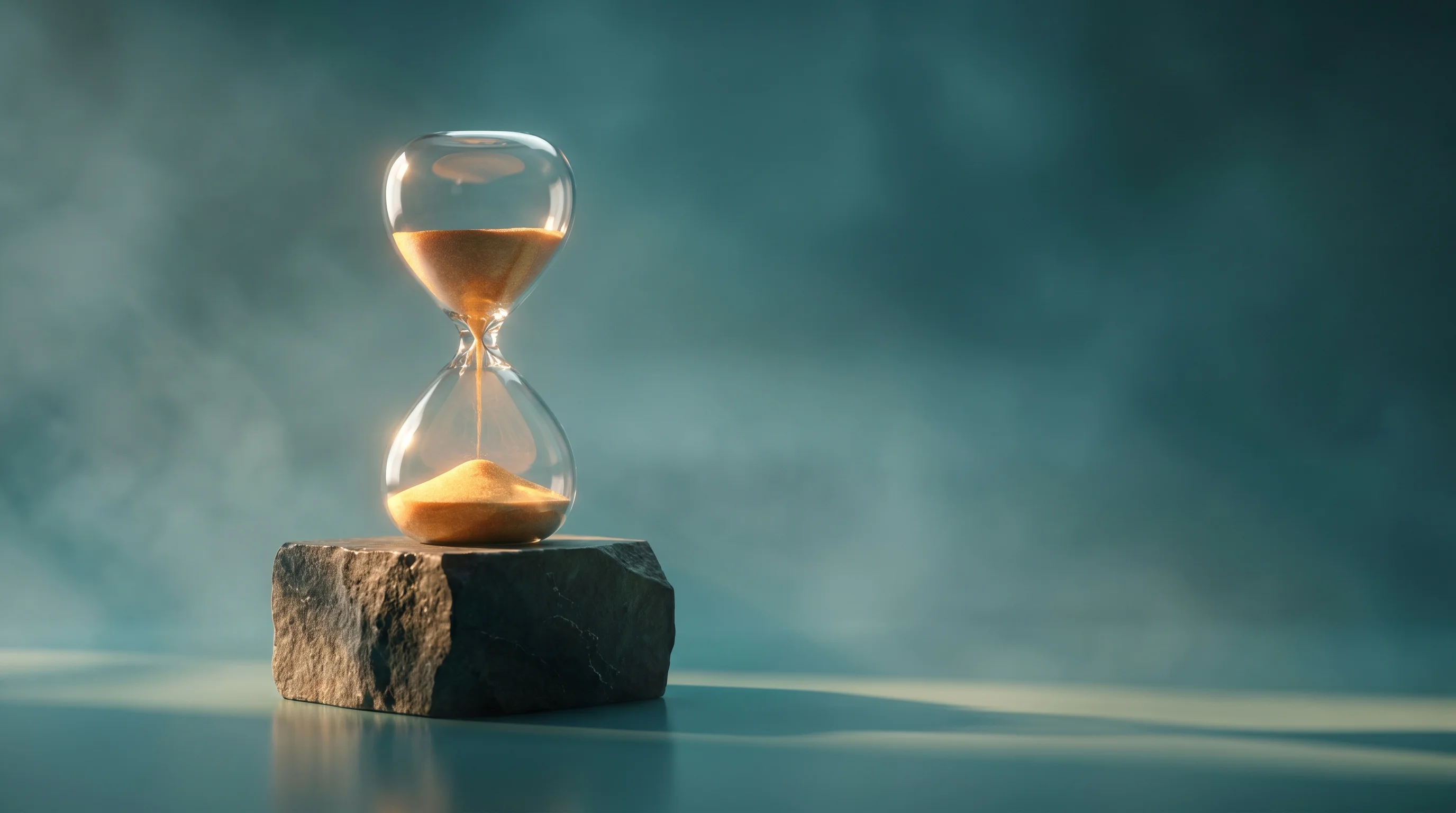 Digital illustration for article section "Compliance Doesn't Care About Your Runway" in "The $21 Startup: How AI Tools Are Rewriting Entrepreneurship Economics" - A sleek, minimalist hourglass resting on a heavy, unyielding geometric pedestal, symbolizing the str...