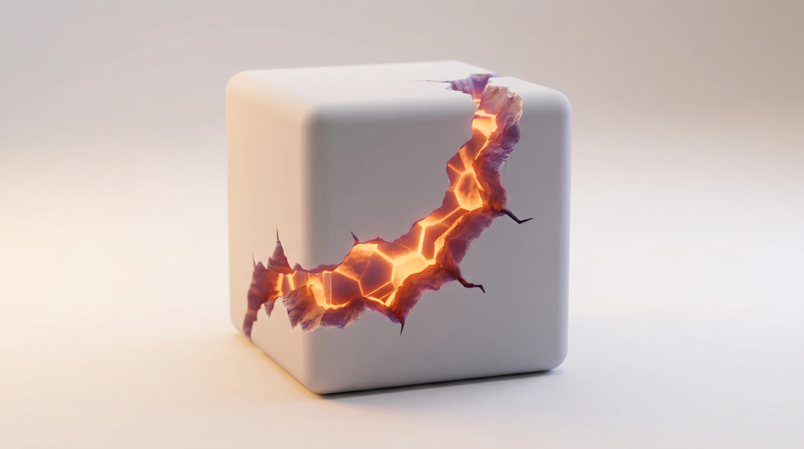 Digital illustration for article section "The Fault Lines Beneath the Hype" in "Zed Launches Parallel Agents as AI Coding Tools Hit $50B Valuations" - A pristine, minimalist 3D secure containment block resting on a soft, uncluttered studio background,...