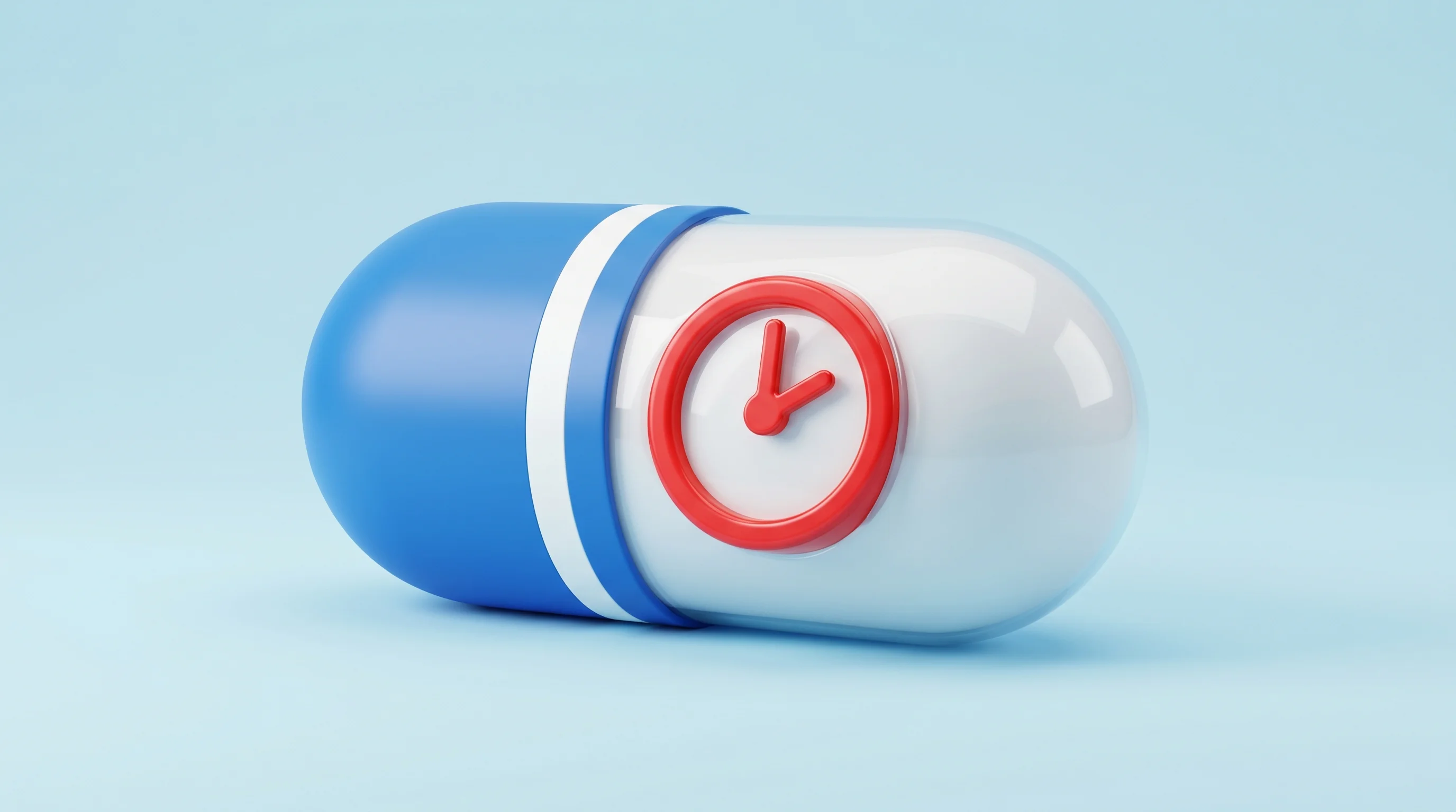 Digital illustration for article section "A Deadline-Driven Market" in "Iridius Raises $8.6M to Embed AI Compliance in Pharma Workflows" - A sleek, oversized 3D pop art toy of a medical capsule seamlessly integrated with a minimalist clock...