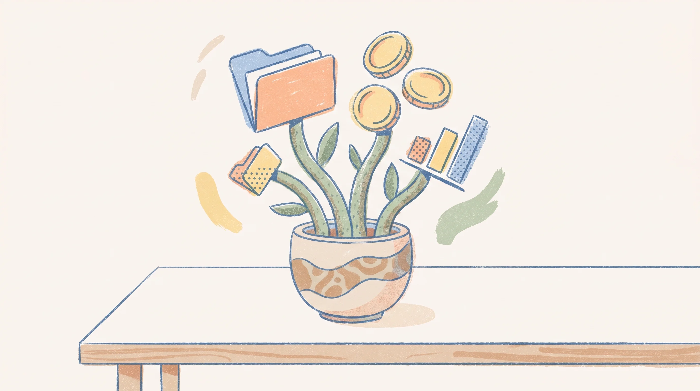 Digital illustration for article section "A Growing Client Roster" in "PvX Partners Raises $10.5M Series A for Non-Dilutive Growth Capital" - A cozy indie illustration of a thriving, stylized potted plant resting on a clean, modern desk, conc...