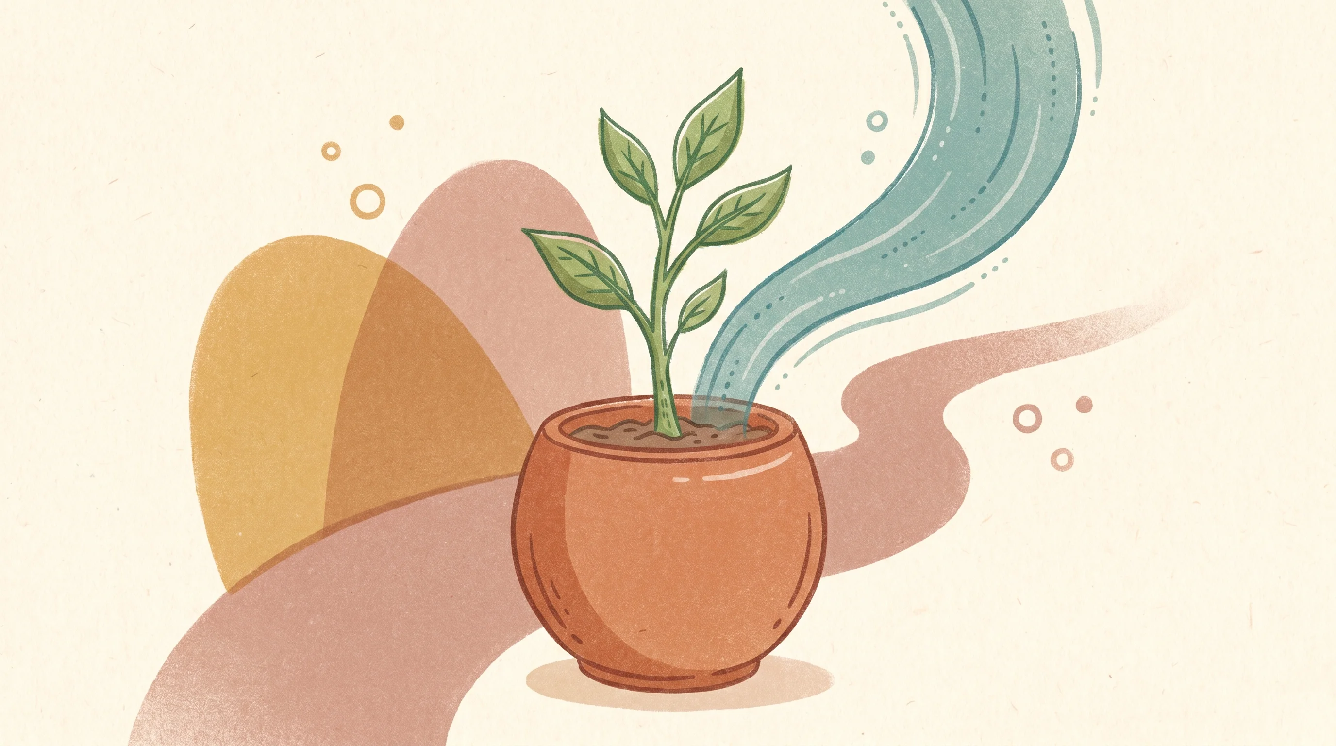 Digital illustration for article section "The Broader Shift" in "PvX Partners Raises $10.5M Series A for Non-Dilutive Growth Capital" - A cozy indie illustration of a small, thriving sapling growing from a softly rounded, modern planter...