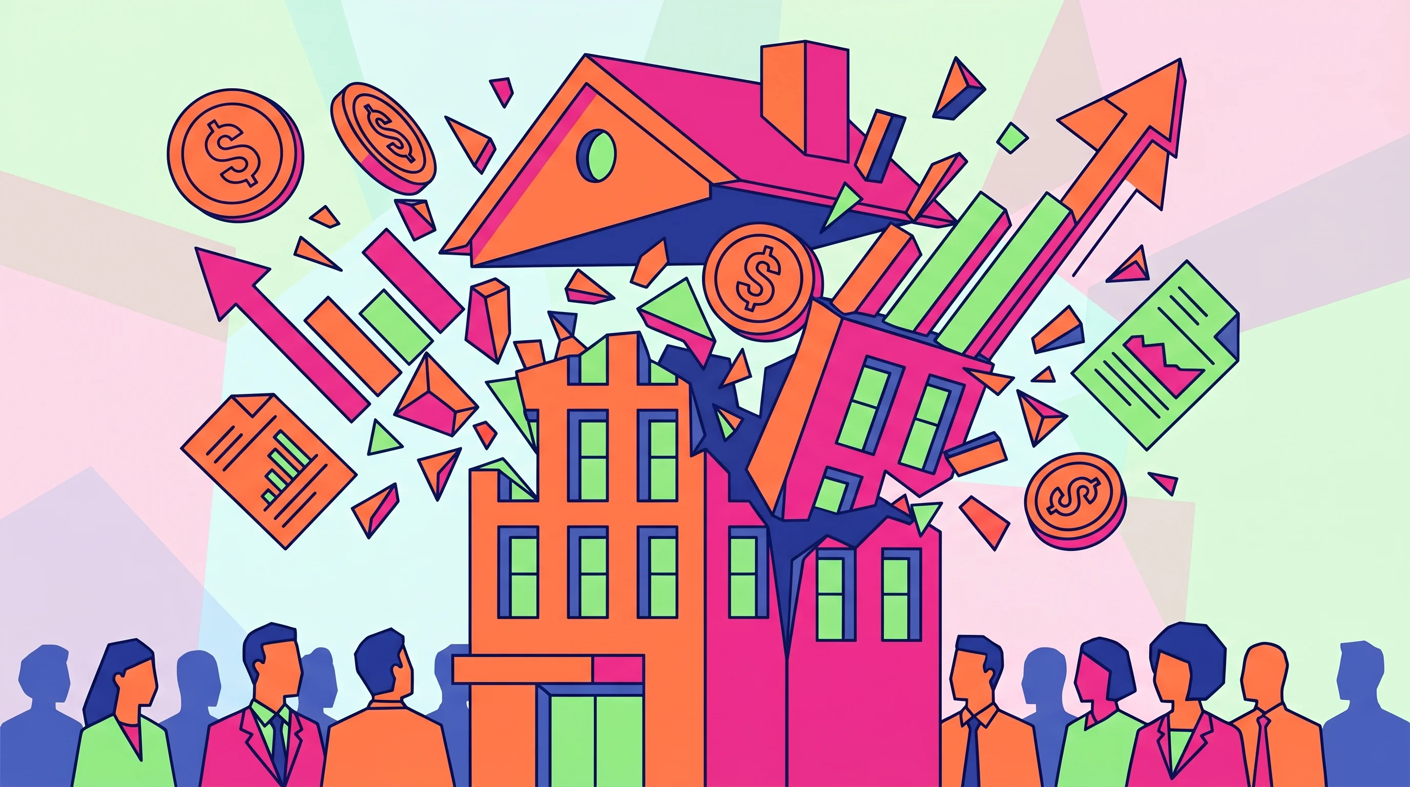 Digital illustration for article section "Crowded House" in "SteveKnows' AI CFO Platform Emerges With Murky Funding Claims" - A vibrant geometric illustration representing an exploding and highly competitive AI CFO market, fea...