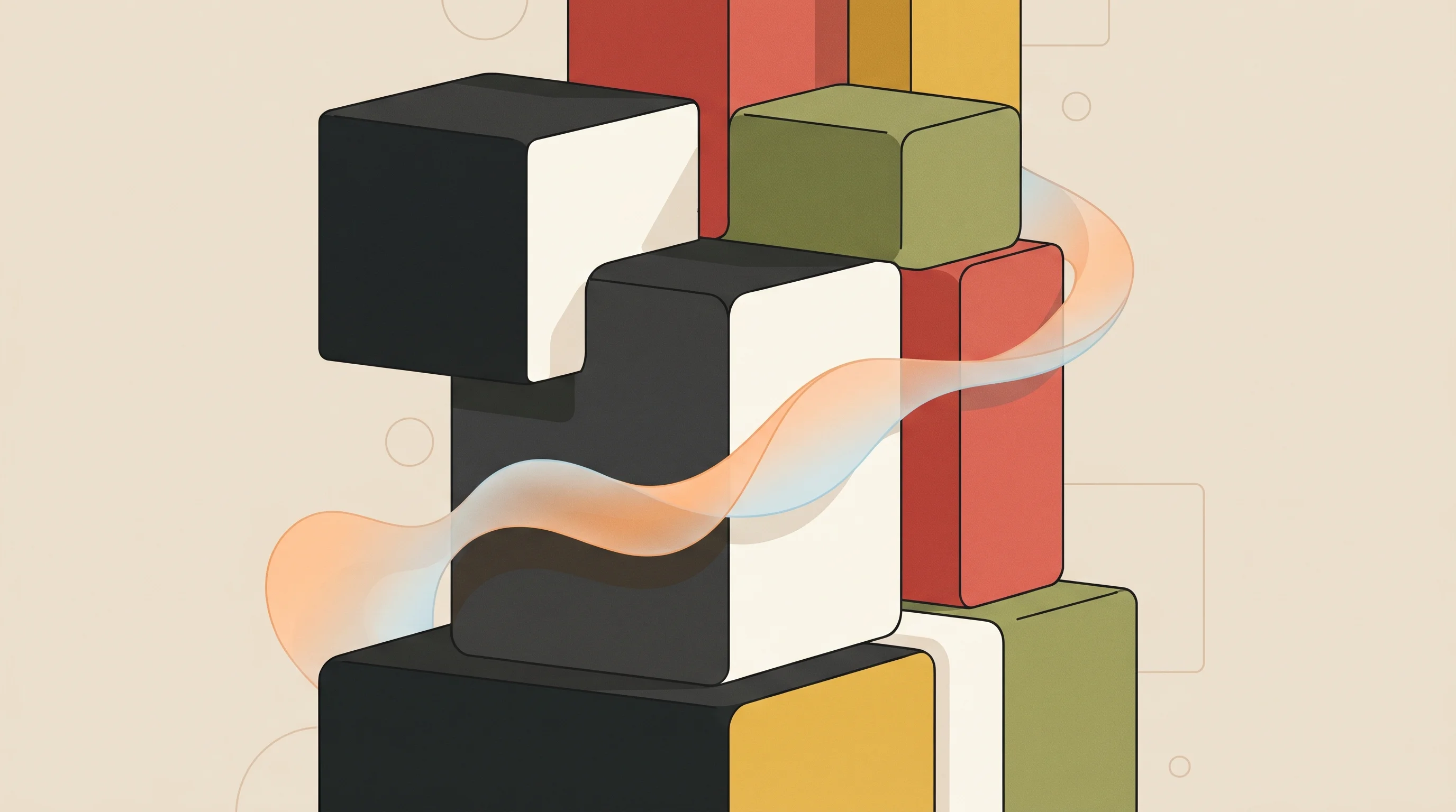 Digital illustration for article section "Content Section 7" in "How AI and Free Infrastructure Let Startups Launch for $21/Month" - A minimalist illustration of sleek, oversized modular building blocks resembling simplified interloc...
