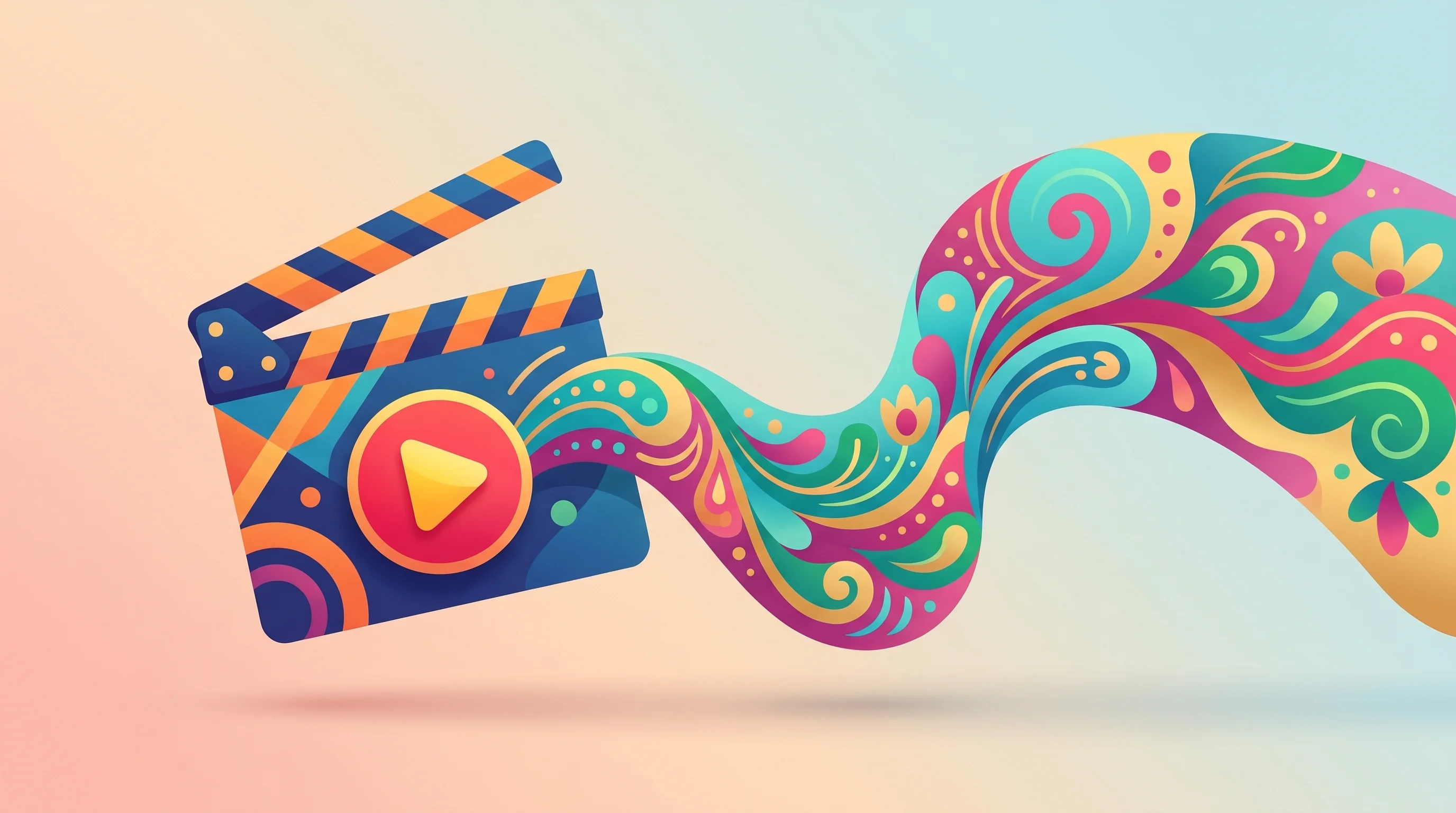 Digital illustration for article section "The AI Question" in "What 250 Startup Launch Videos Reveal About Converting Viewers" - A clean, minimalist composition focused on a single strong focal element: a modern, stylized film cl...