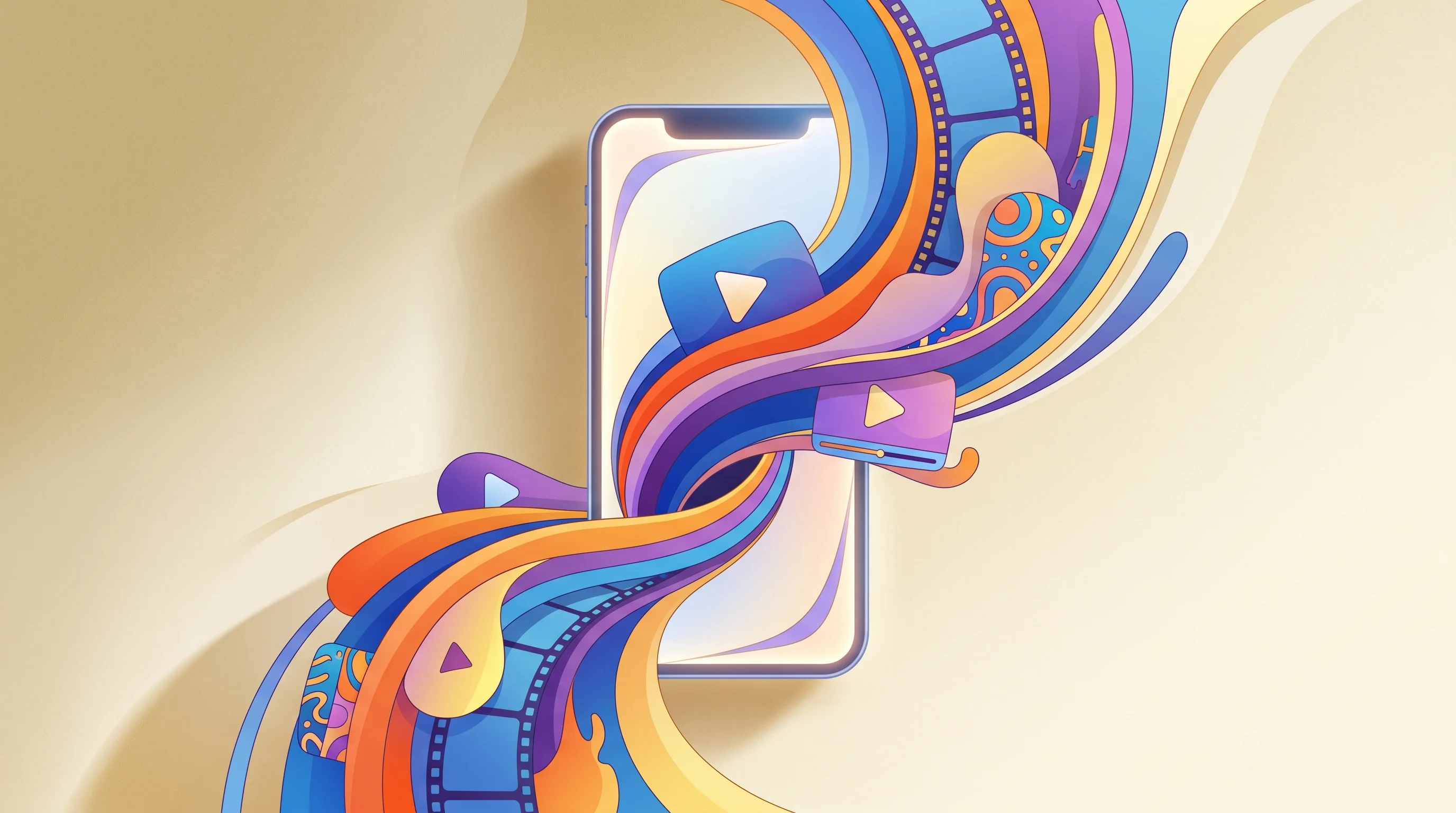 Digital illustration for article section "What Comes Next" in "What 250 Startup Launch Videos Reveal About Converting Viewers" - A sleek, stylized vertical media frame standing as the central focal point, representing the future ...