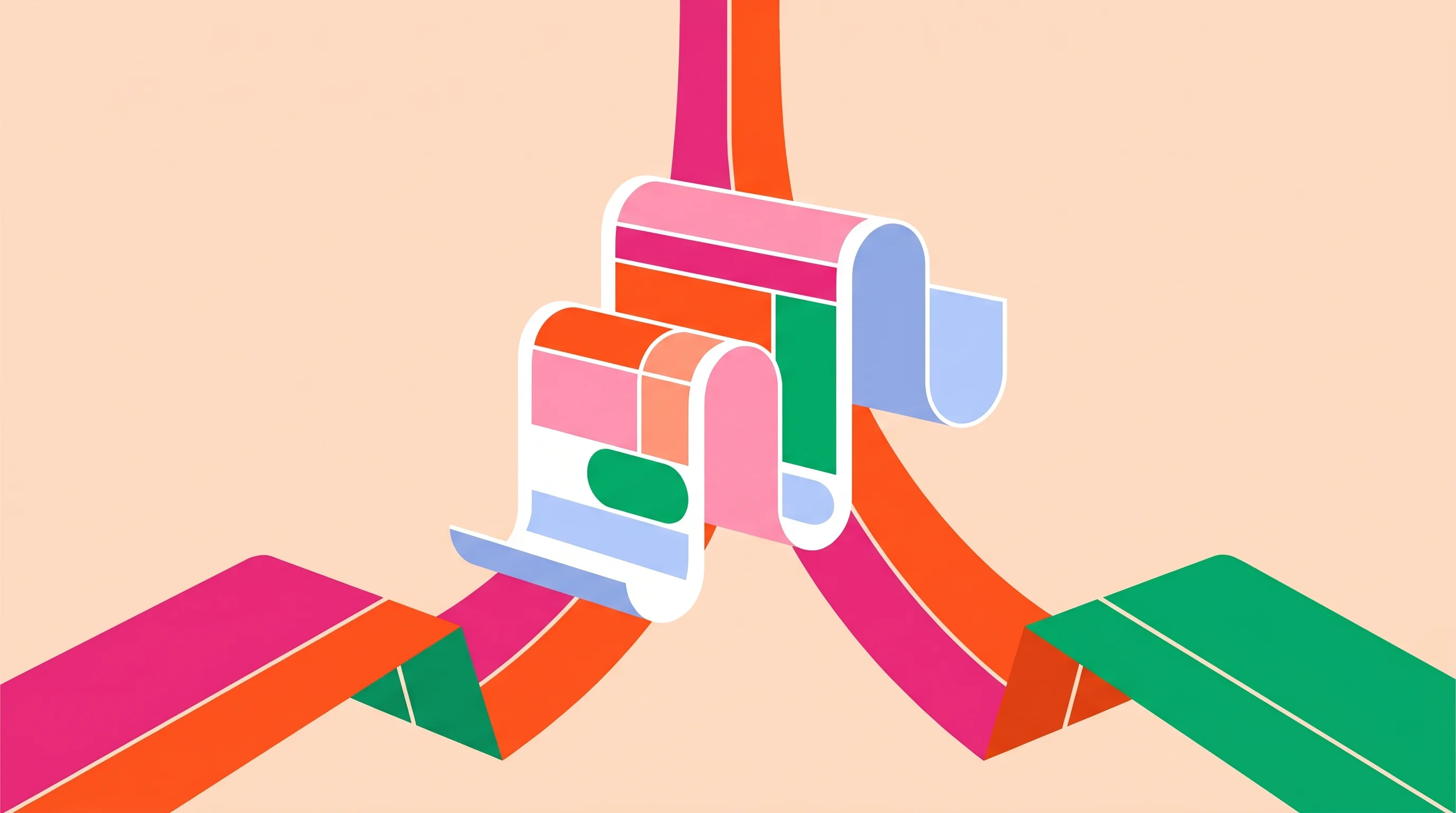 Digital illustration for article section "Three Forces Converging" in "exe.dev Raises $35M to Challenge Hyperscalers With Custom Cloud" - A vibrant geometric illustration in a flat vector style depicting three distinct, bold pathways conv...