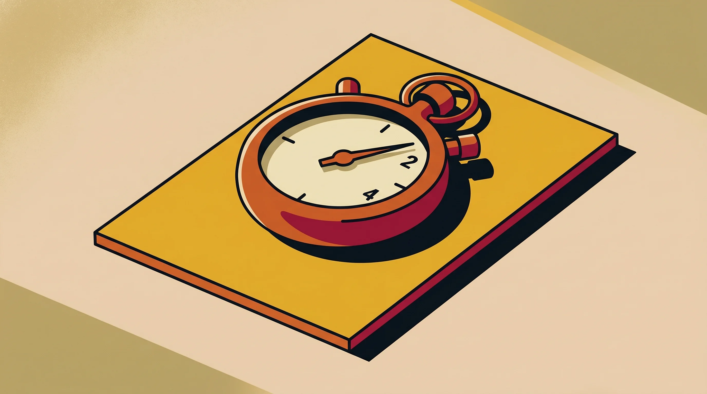 Digital illustration for article section "The Brutal Math of Two Minutes" in "How Founders Turn Stories Into Billion-Dollar Valuations" - A striking, minimalist illustration of a sleek stopwatch resting on a clean, stylized presentation d...