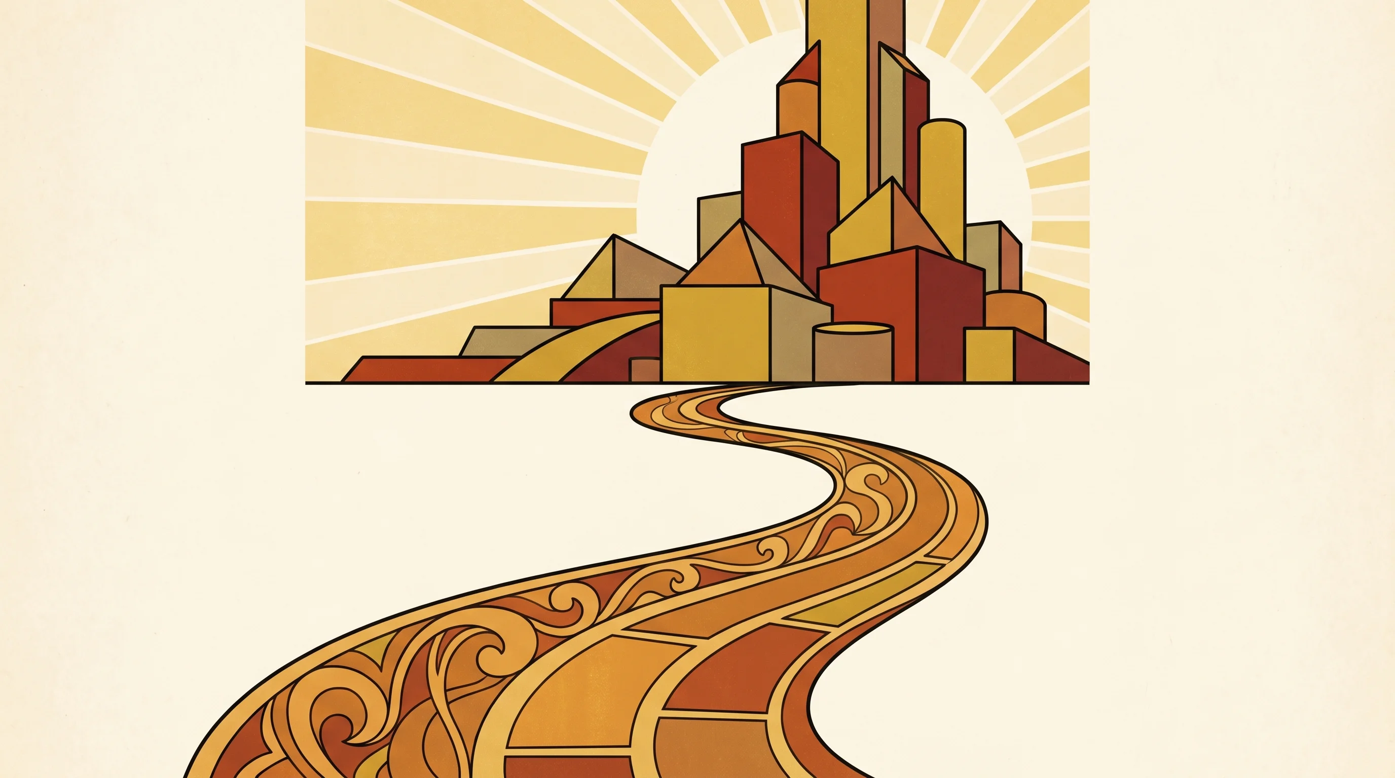 Digital illustration for article section "The Road Ahead" in "How Founders Turn Stories Into Billion-Dollar Valuations" - A conceptual mid-20th century style vintage poster illustration depicting a smooth, sweeping upward ...