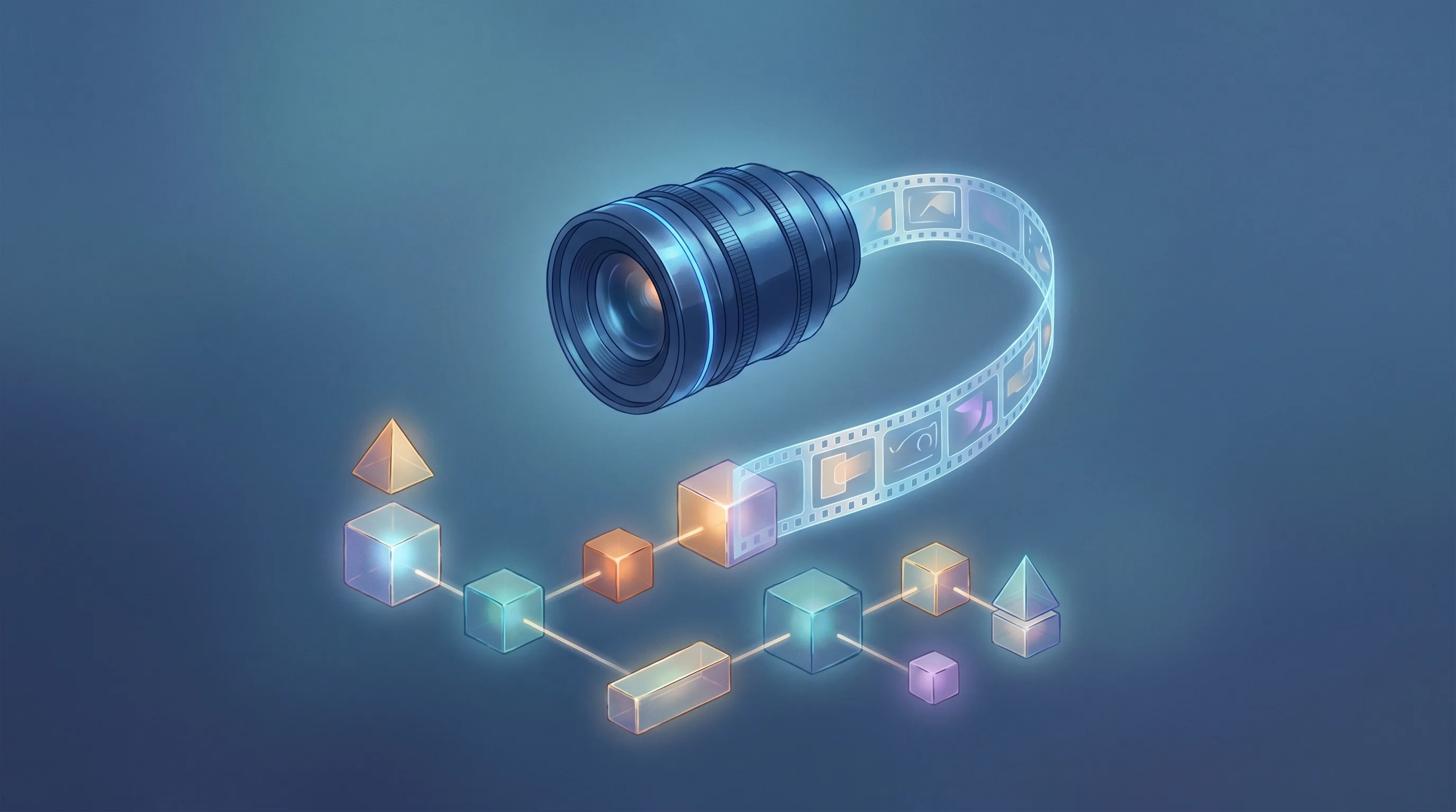 Digital illustration for article section "Beyond the Hobbyists" in "ComfyUI Raises $30M at $500M Valuation for Open-Source AI Studio" - A clean, minimalist composition featuring a sleek, floating cinematic camera lens that seamlessly un...