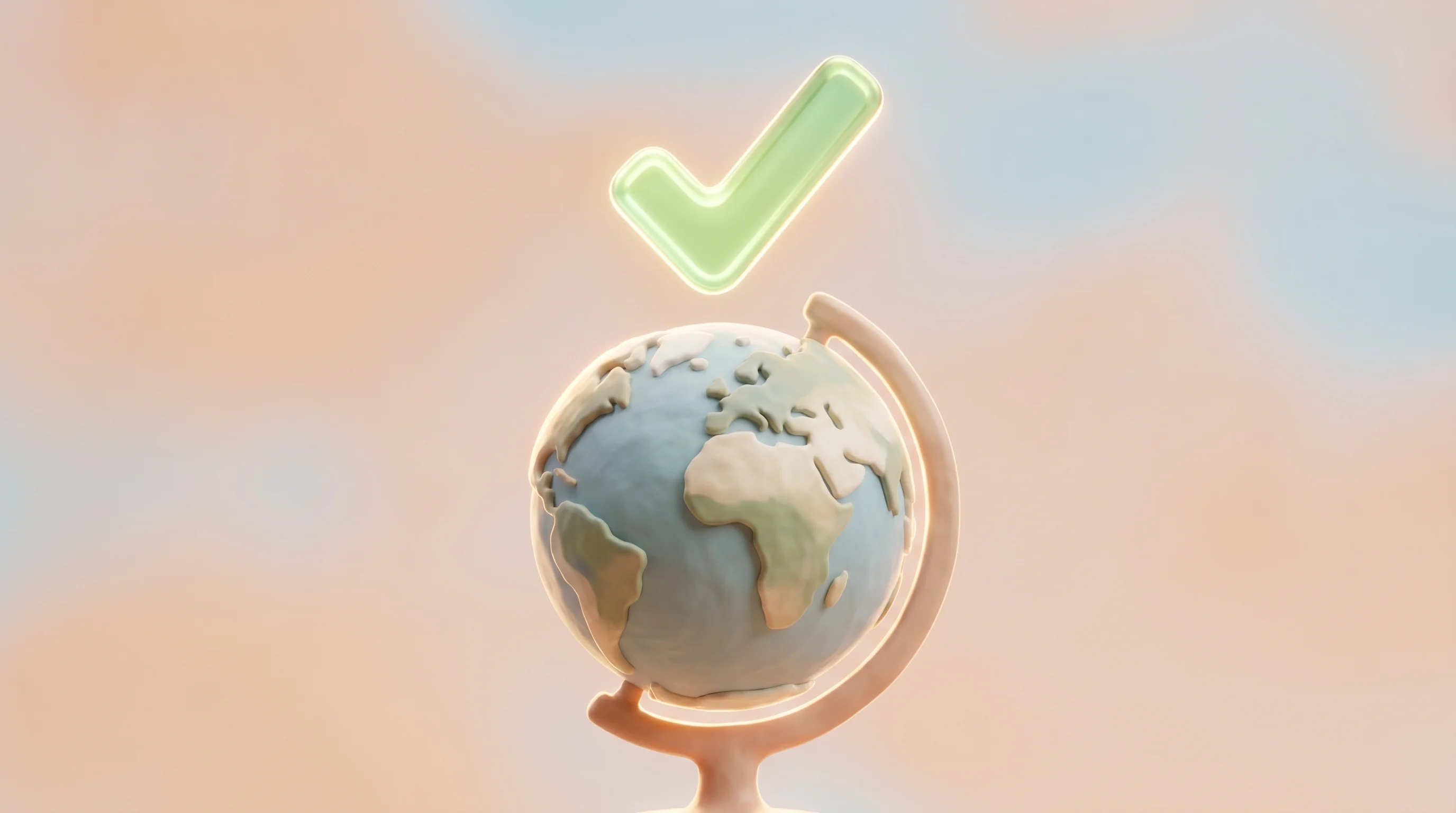 Digital illustration for article section "Regulatory Green Lights and Product Expansion" in "Skydo Raises $10M Series A to Slash Cross-Border Payment Costs for SMBs" - A clean, minimal 3D composition featuring a smooth, tactile clay-rendered globe representing cross-b...