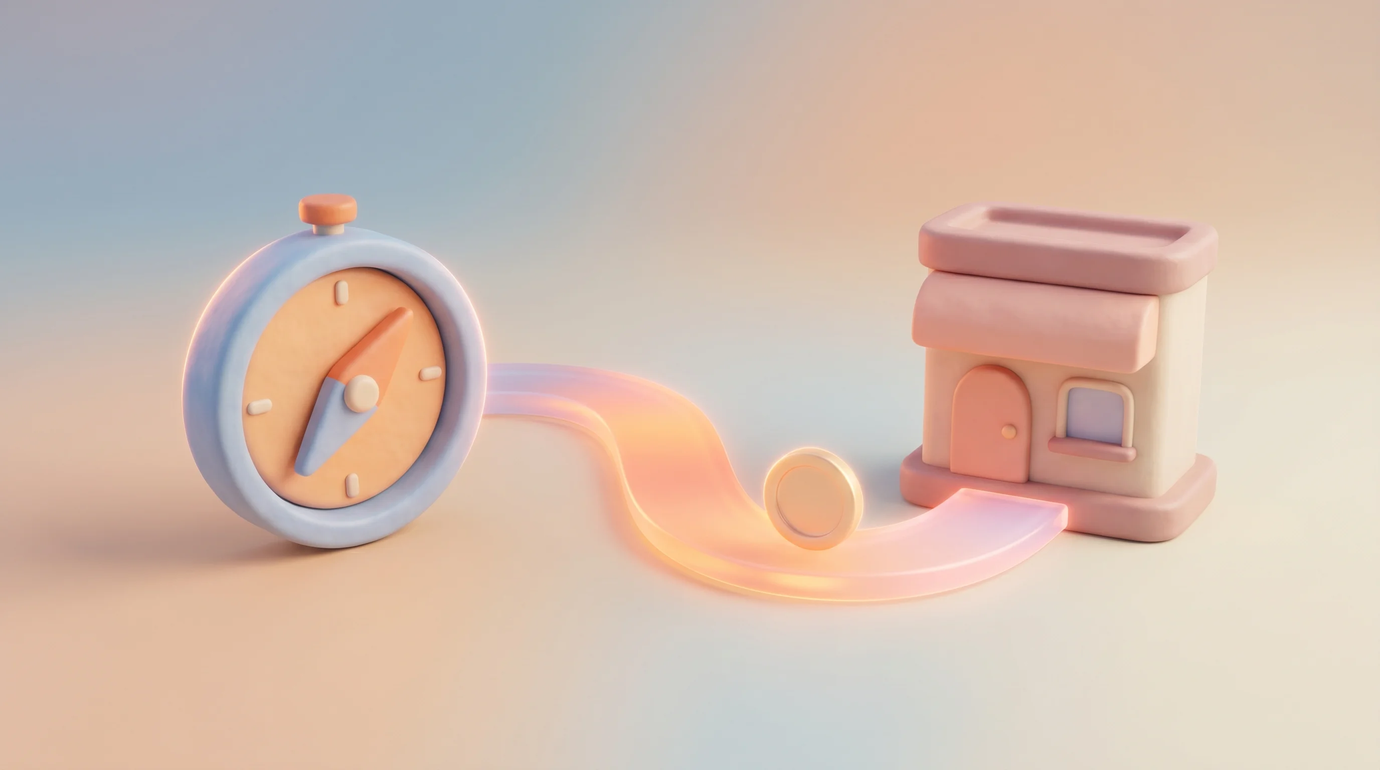 Digital illustration for article section "Heading West" in "Skydo Raises $10M Series A to Slash Cross-Border Payment Costs for SMBs" - A clean, minimalist conceptual 3D illustration representing an audacious cross-border financial expa...