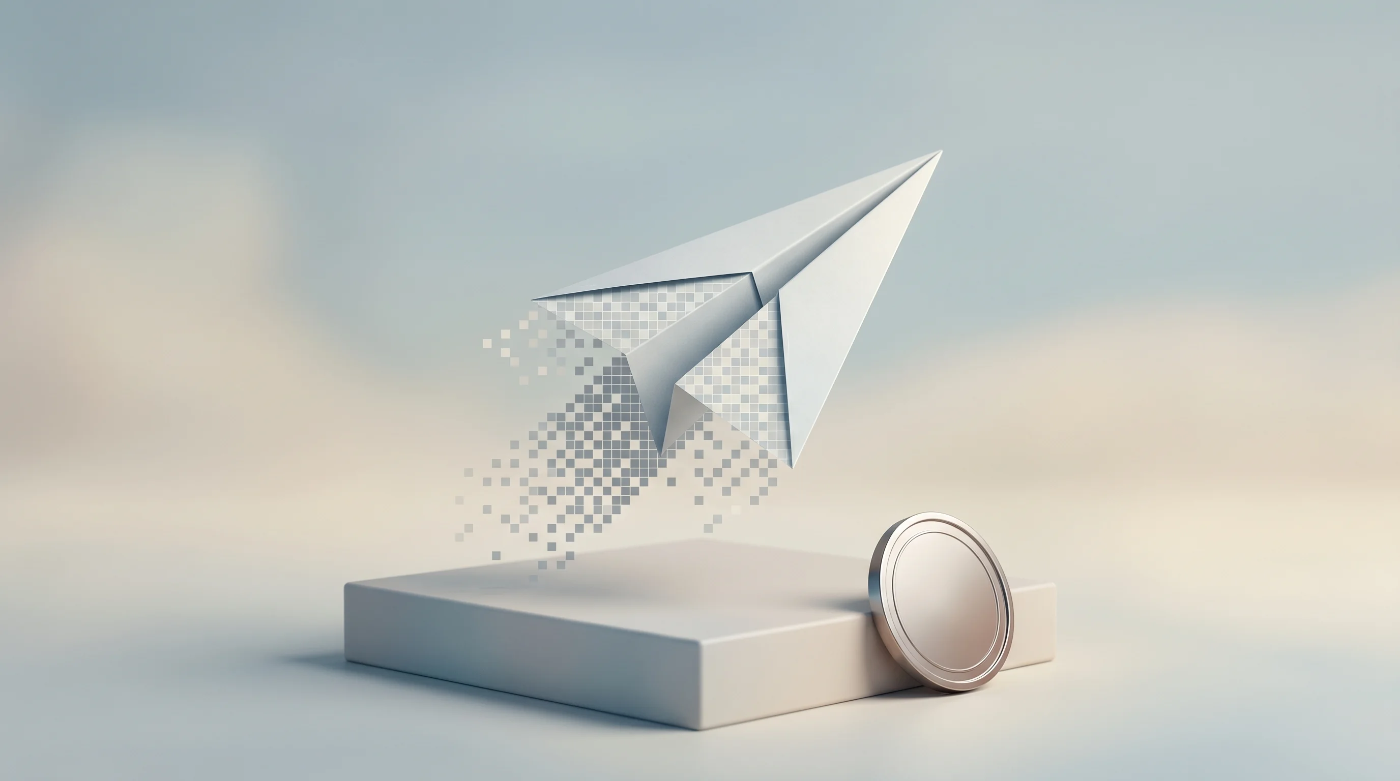 Digital illustration for article section "Content Section 5" in "How AI and Free Tiers Slashed SaaS Startup Costs to $20/Month" - A sleek, minimalist origami paper airplane taking off from a smooth, uncluttered geometric pedestal,...