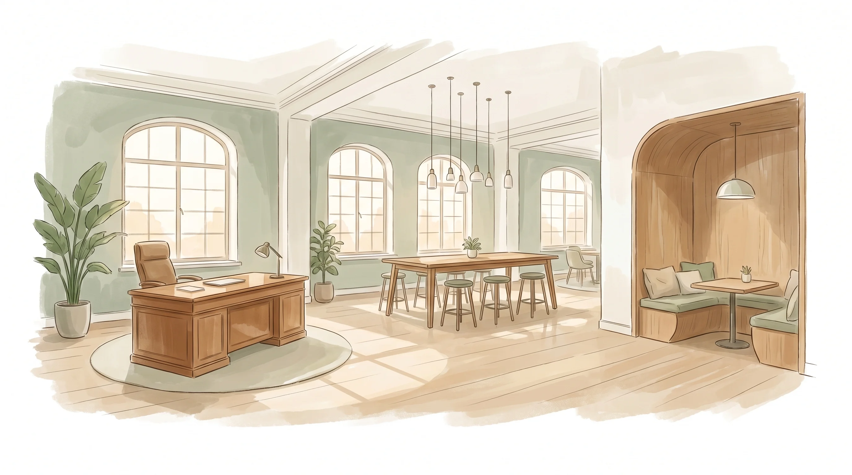 Digital illustration for article section "The Occupancy Question" in "COLABS Opens 4,000 sqm Riyadh Hub in Saudi-Pakistan Expansion Play" - A conceptual and minimalist illustration of a modern, open-plan coworking environment representing d...