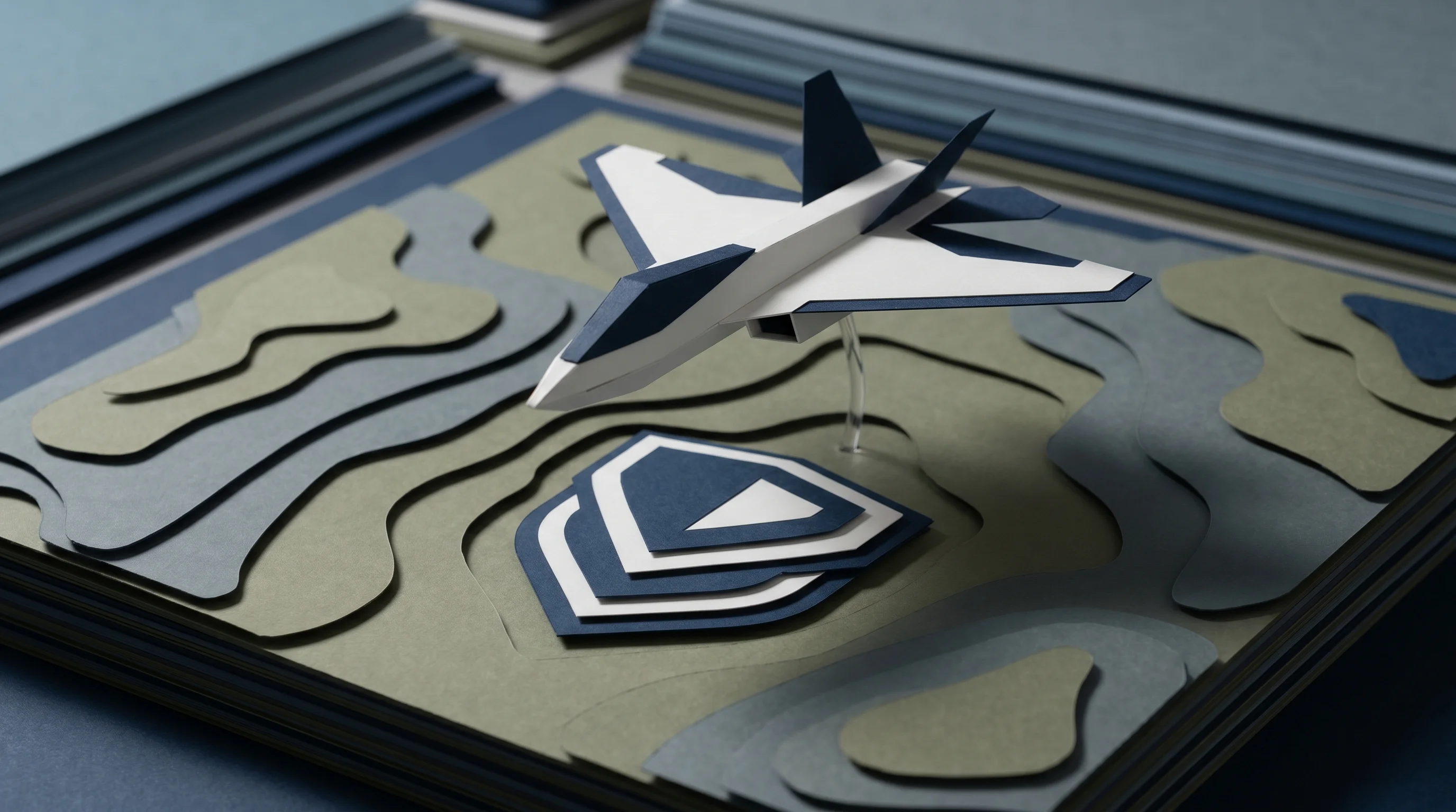 Digital illustration for article section "Defense Contracts and International Reach" in "WEFLO Raises $3.6M Series A for AI-Powered AAM Maintenance Tech" - A minimalist and conceptual 3D papercraft diorama representing international defense contracts and a...