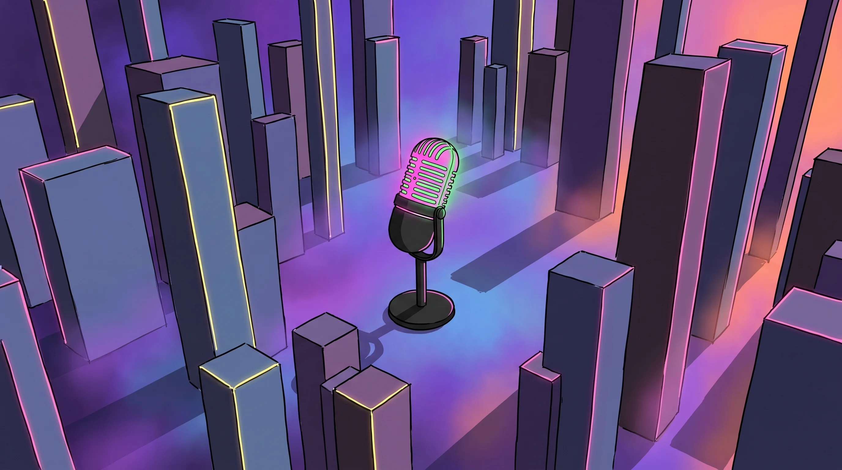 Digital illustration for article section "Crowded Territory" in "Coupang Backs Inedit's $6.3M Series A for Creator Marketing Platform" - A conceptual, minimalist illustration of a single, sleek creator's microphone standing prominently i...