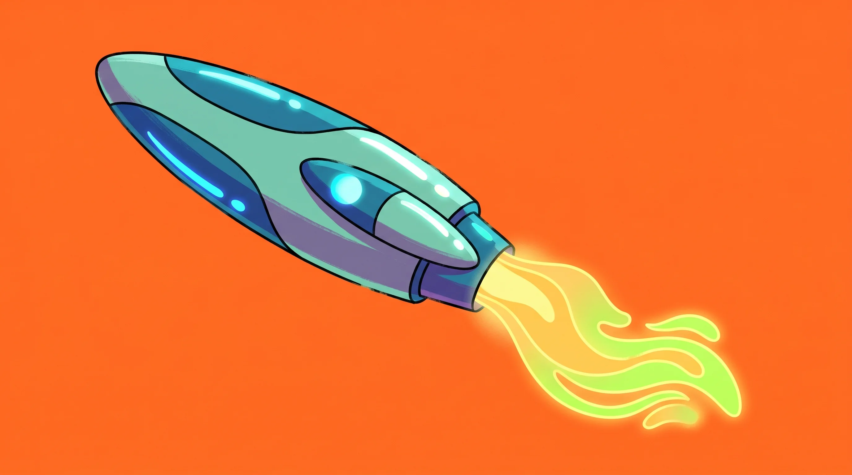Digital illustration for article section "Green Fuel and Agentic Spacecraft" in "Korean Space Startup INTERGRAVITY Raises $5.5M for Orbital Tugs" - A sleek, stylized spacecraft thruster angled dynamically across the frame, emitting a clean, glowing...