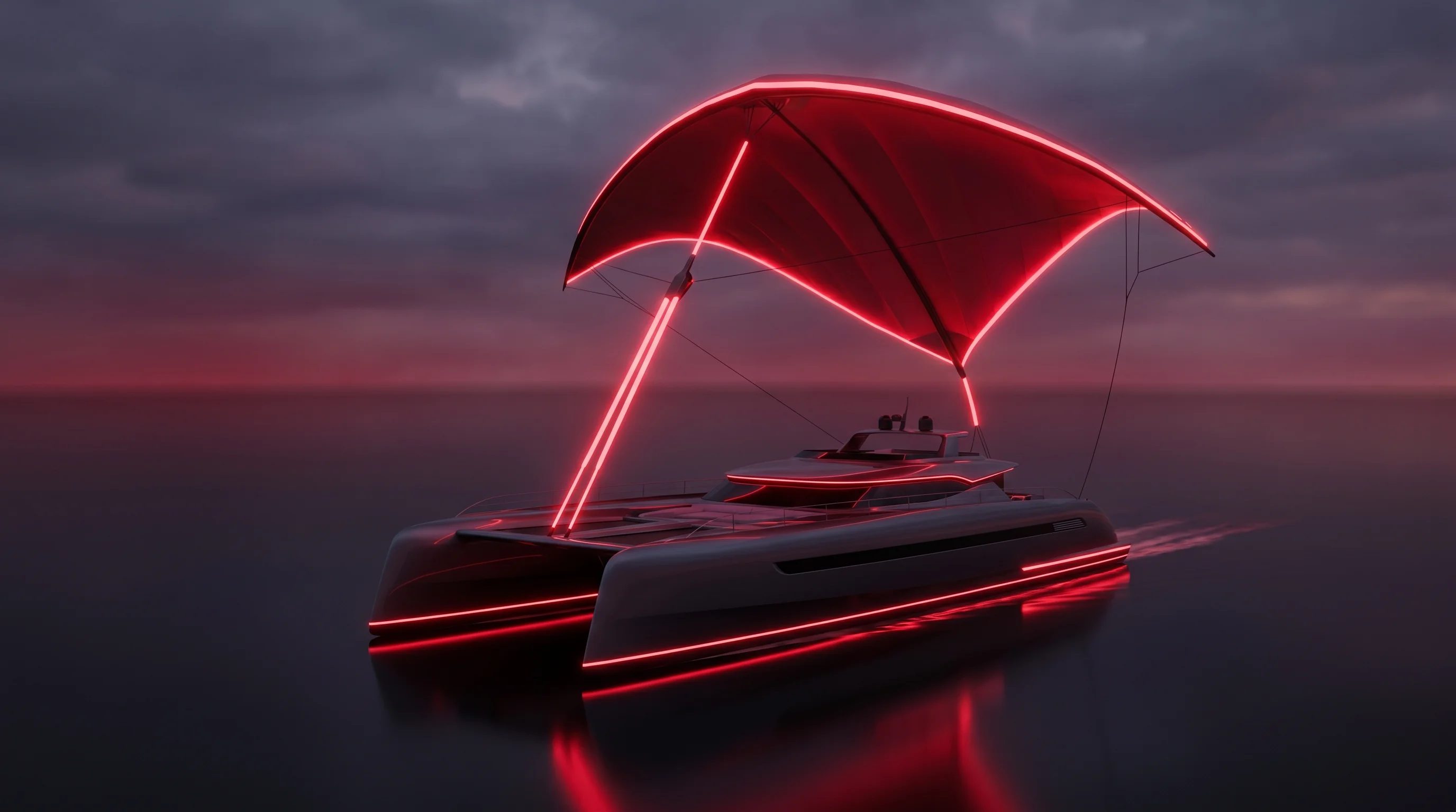 Digital illustration for article section "The Technology Itself" in "CargoKite's Unverified $15M Seed: Kite-Powered Ships Face Scrutiny" - A sleek, minimalist 80-meter catamaran sailing across calm, dark waters, propelled by a massive, hig...