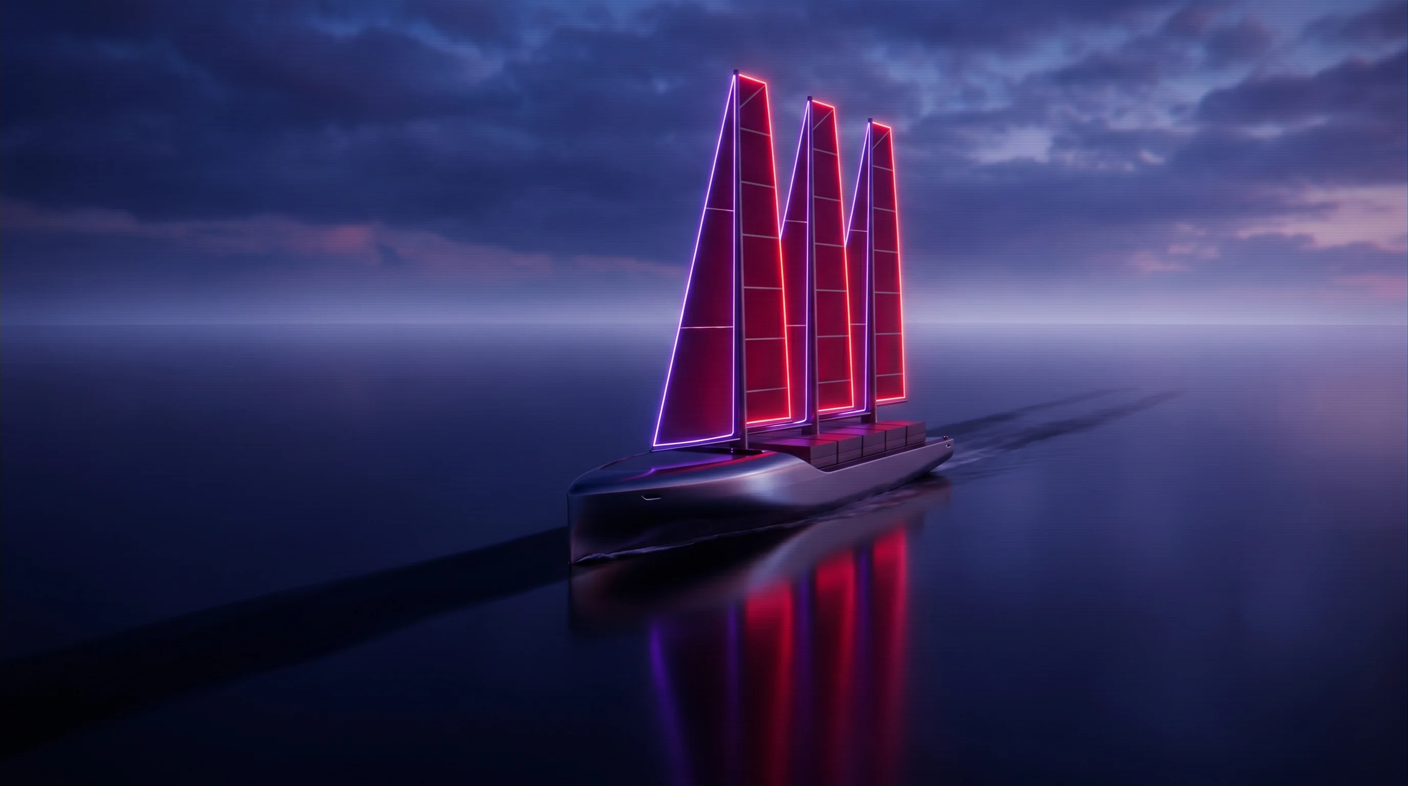 Digital illustration for article section "Wind Propulsion's Moment" in "CargoKite's Unverified $15M Seed: Kite-Powered Ships Face Scrutiny" - A sleek, minimalist cargo ship equipped with towering, futuristic rigid wind sails slicing through a...