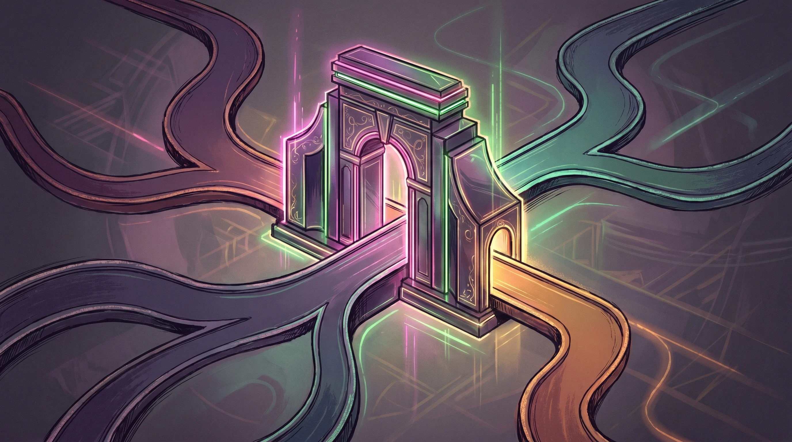 Digital illustration for article section "Competitive Landscape, European Flavor" in "Eden AI Launches European AI Gateway to Challenge OpenRouter" - A clean, minimalist conceptual illustration of a sleek, modern architectural gateway with subtle cla...