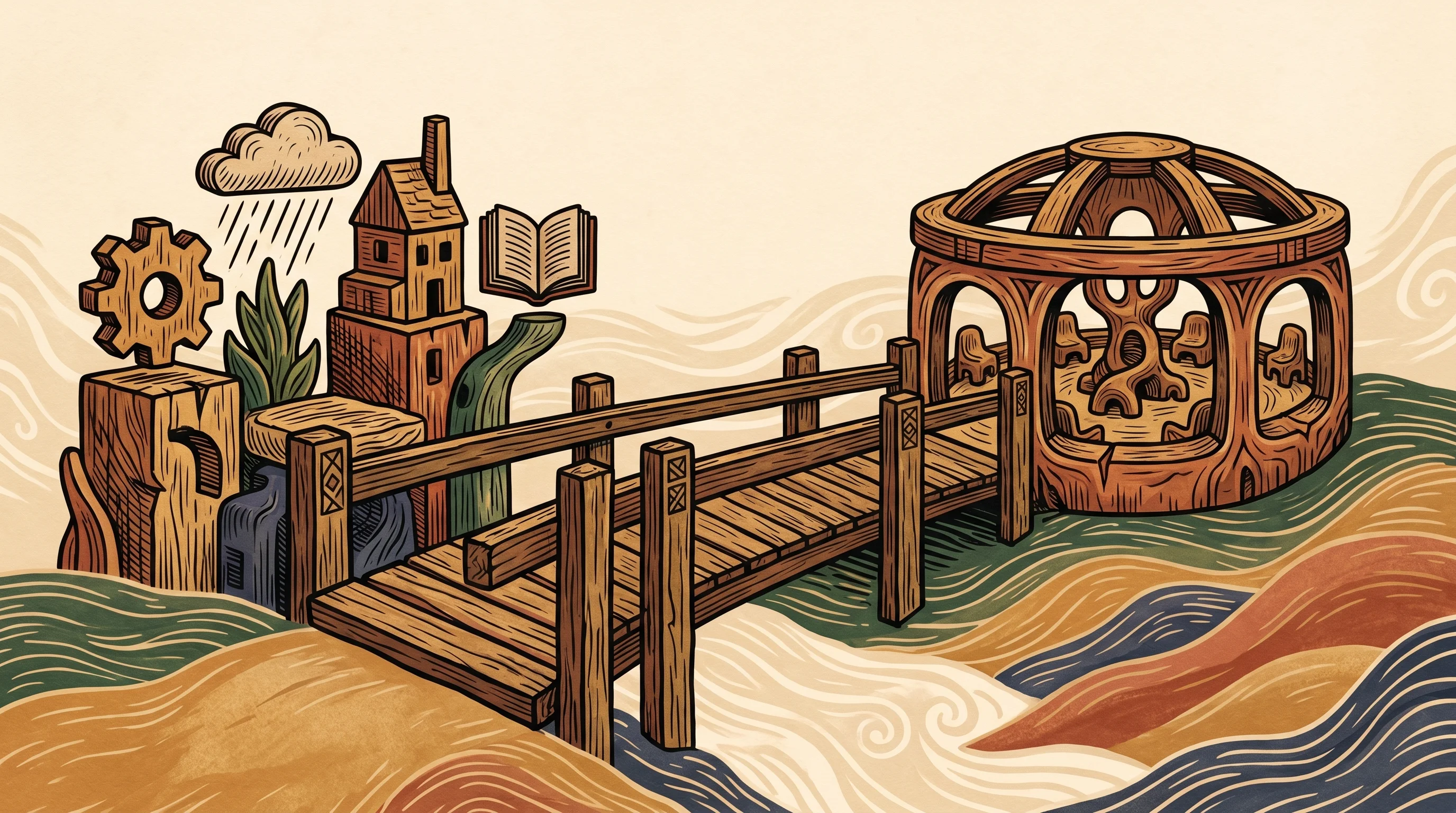 Digital illustration for article section "Bridges to the Broader Agent Ecosystem" in "WUPHF Ships Git-Native Wiki That AI Agents Build and Maintain" - A clean, minimalist conceptual illustration of a sturdy, handcrafted bridge spanning a soft, unclutt...