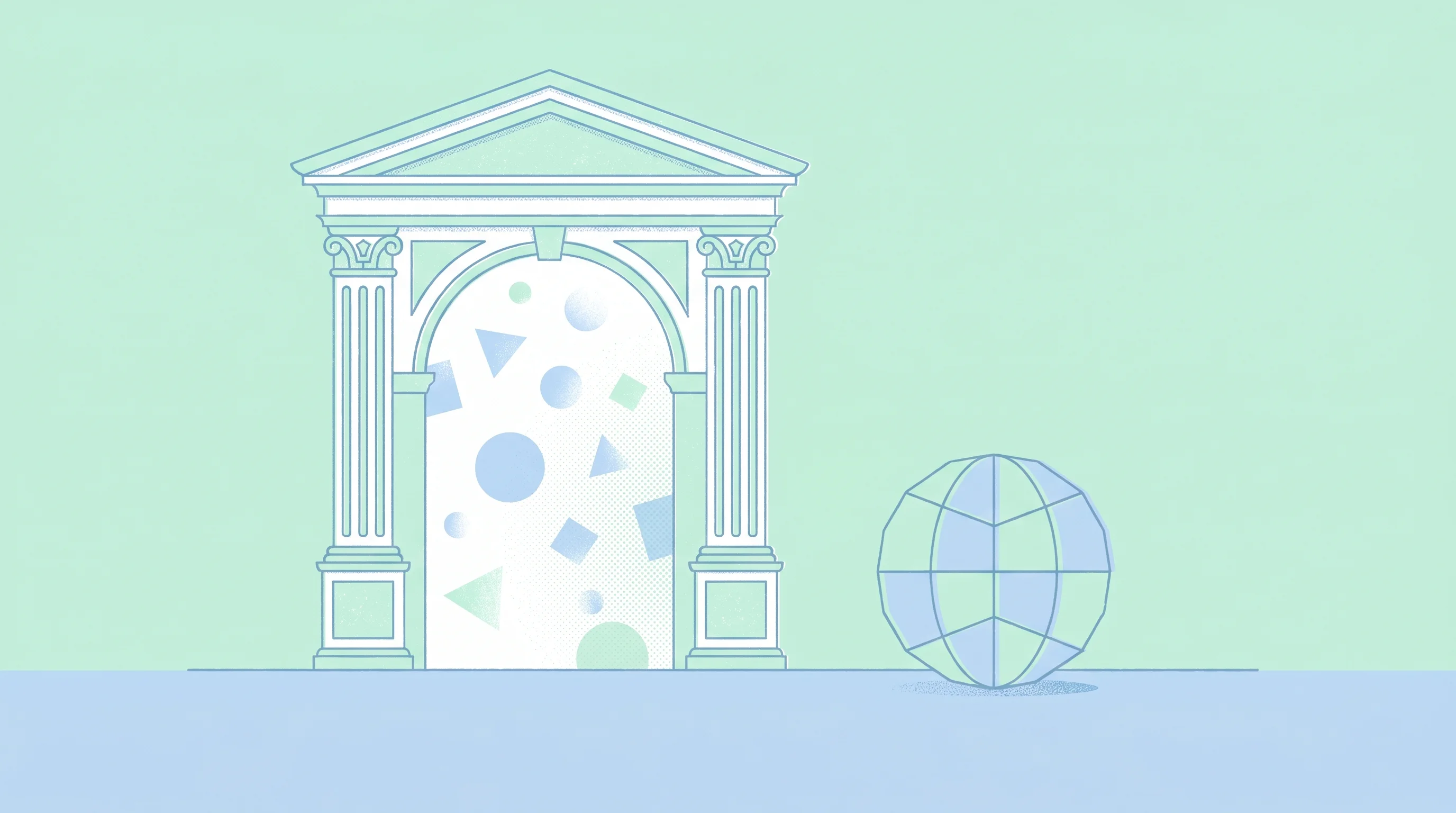 Digital illustration for article section "European Branding, Global Infrastructure" in "Eden AI Pitches European Data Sovereignty in OpenRouter Challenge" - A clean, minimal, and conceptual illustration representing European global infrastructure and transi...