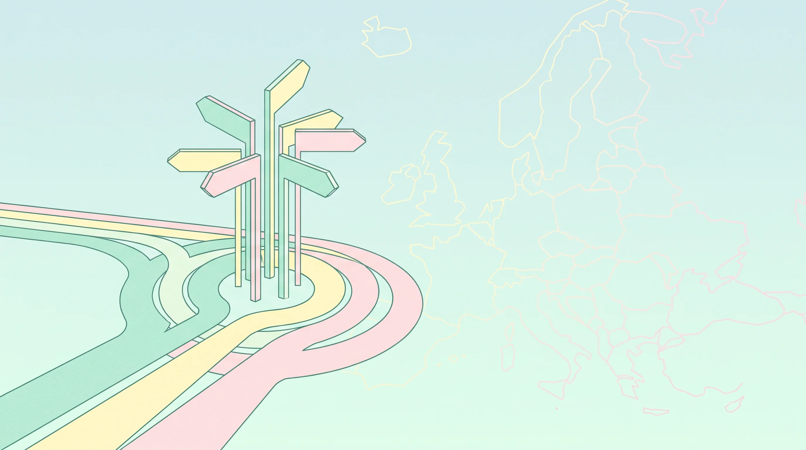Digital illustration for article section "A Crowded Field" in "Eden AI Pitches European Data Sovereignty in OpenRouter Challenge" - A clean, minimal, and conceptual illustration representing a crowded field of European routing pathw...