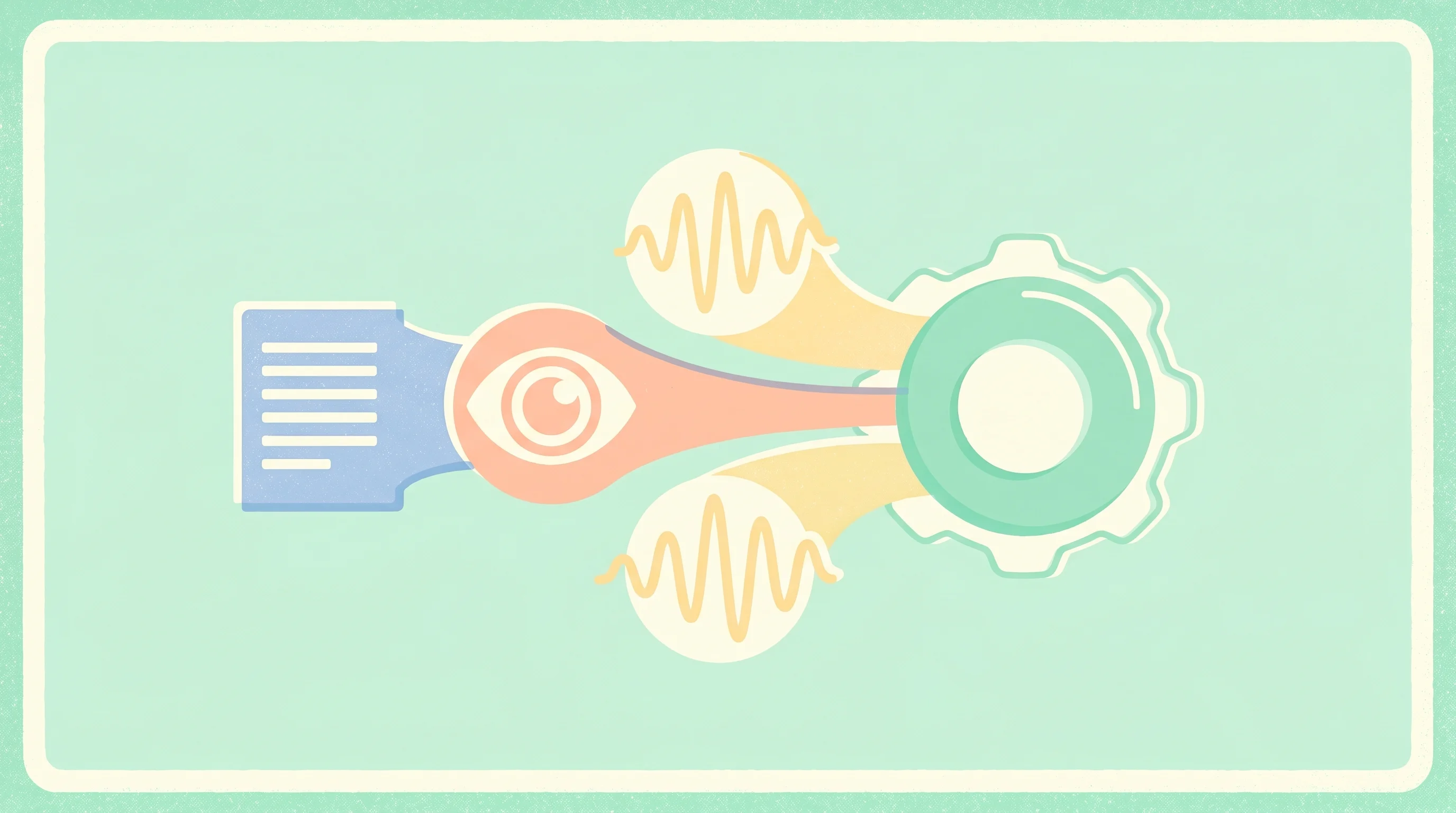 Digital illustration for article section "Marketing Meets Mechanism" in "Eden AI Pitches European Data Sovereignty in OpenRouter Challenge" - A clean, minimalist conceptual illustration of a sleek, unified mechanism seamlessly processing vari...