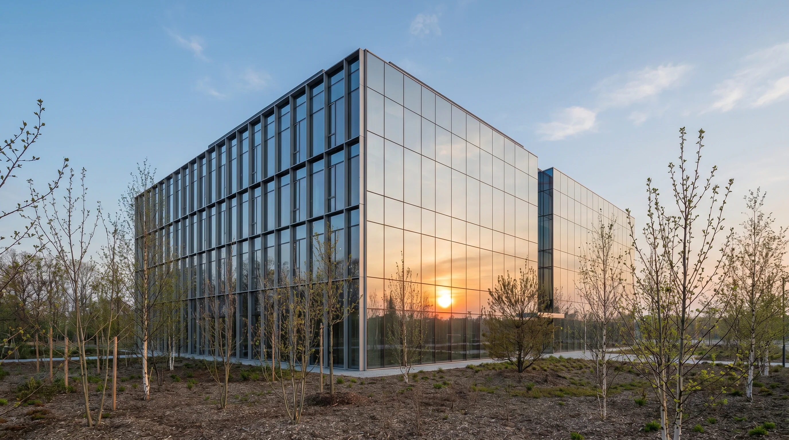 Digital illustration for article section "Sutter Hill's Latest Biotech Gamble" in "Ridge Bio's AI Platform Tackles Antibody-Drug Conjugate Design" - Generate a realistic image of a modern, sleek office building with the reflection of a rising sun on...