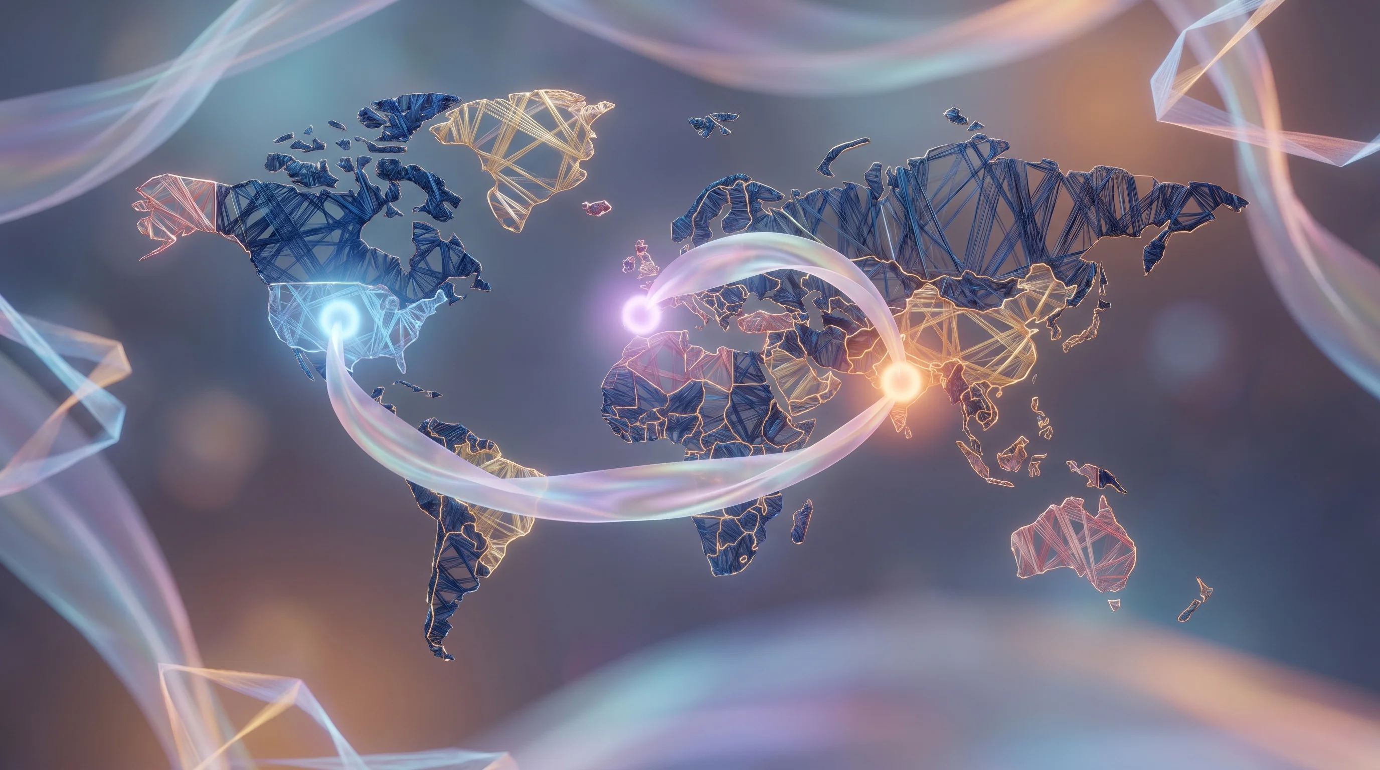 Digital illustration for article section "What Geographic Expansion Reveals" in "STCH Raises $5.5M to Bring AI and Sustainability to Textile Manufacturing" - A conceptual, minimalist visual representation of global apparel expansion featuring a stylized, geo...