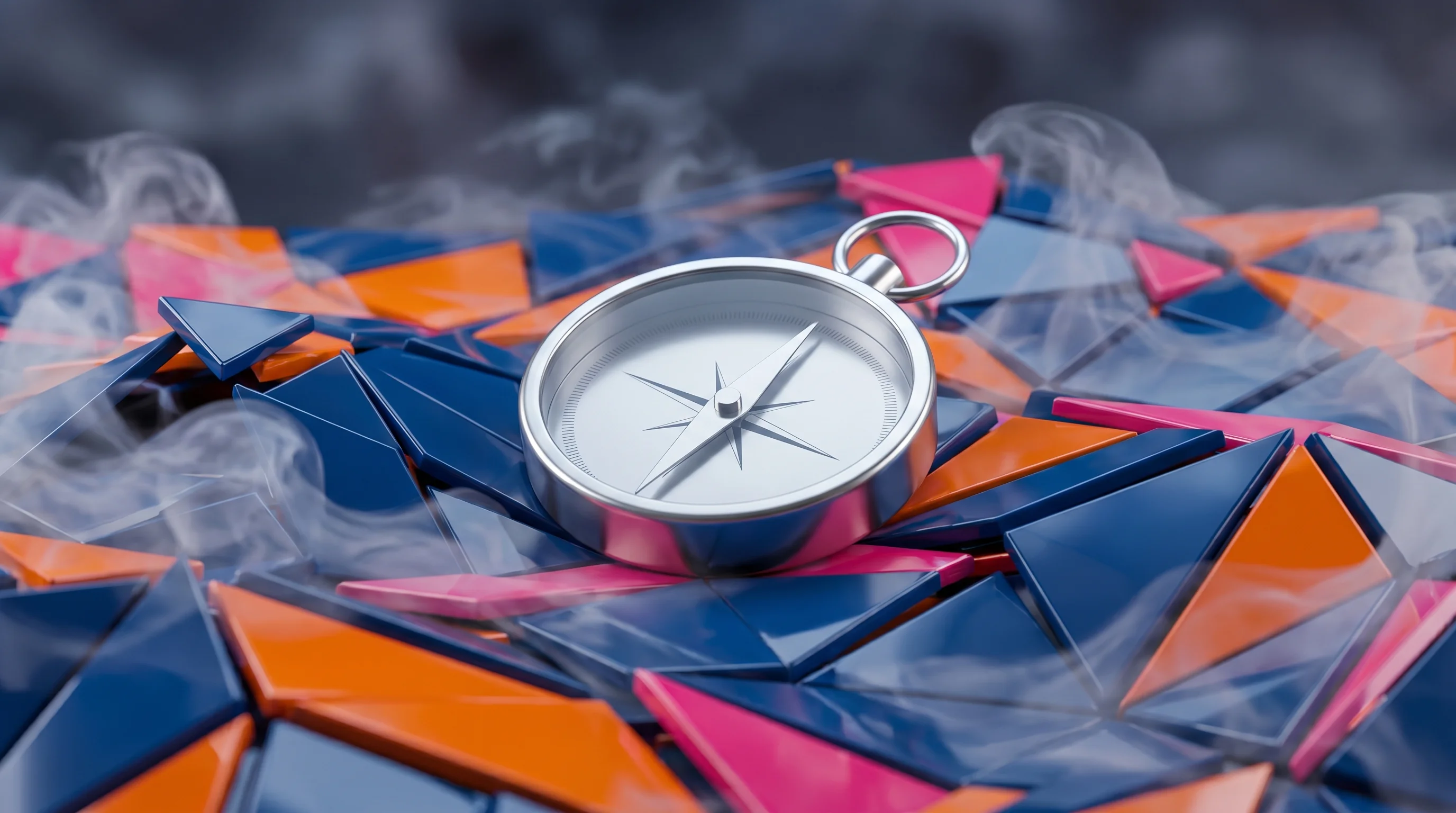 Digital illustration for article section "The Hard Questions Ahead" in "UAE's Comfi Raises $65M Pre-Series A for B2B BNPL in MENA" - A sleek, minimalist metallic compass navigating a conceptual sea of fragmented, interlocking geometr...