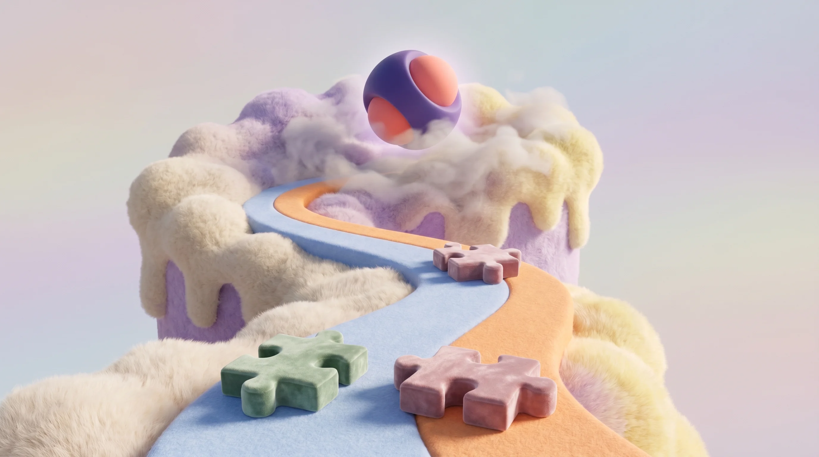 Digital illustration for article section "What Comes Next" in "DeepMind's David Silver Raises Record $1.1B Seed at $5.1B Valuation" - A clean, minimal conceptual 3D illustration representing an unrevealed future roadmap and the search...