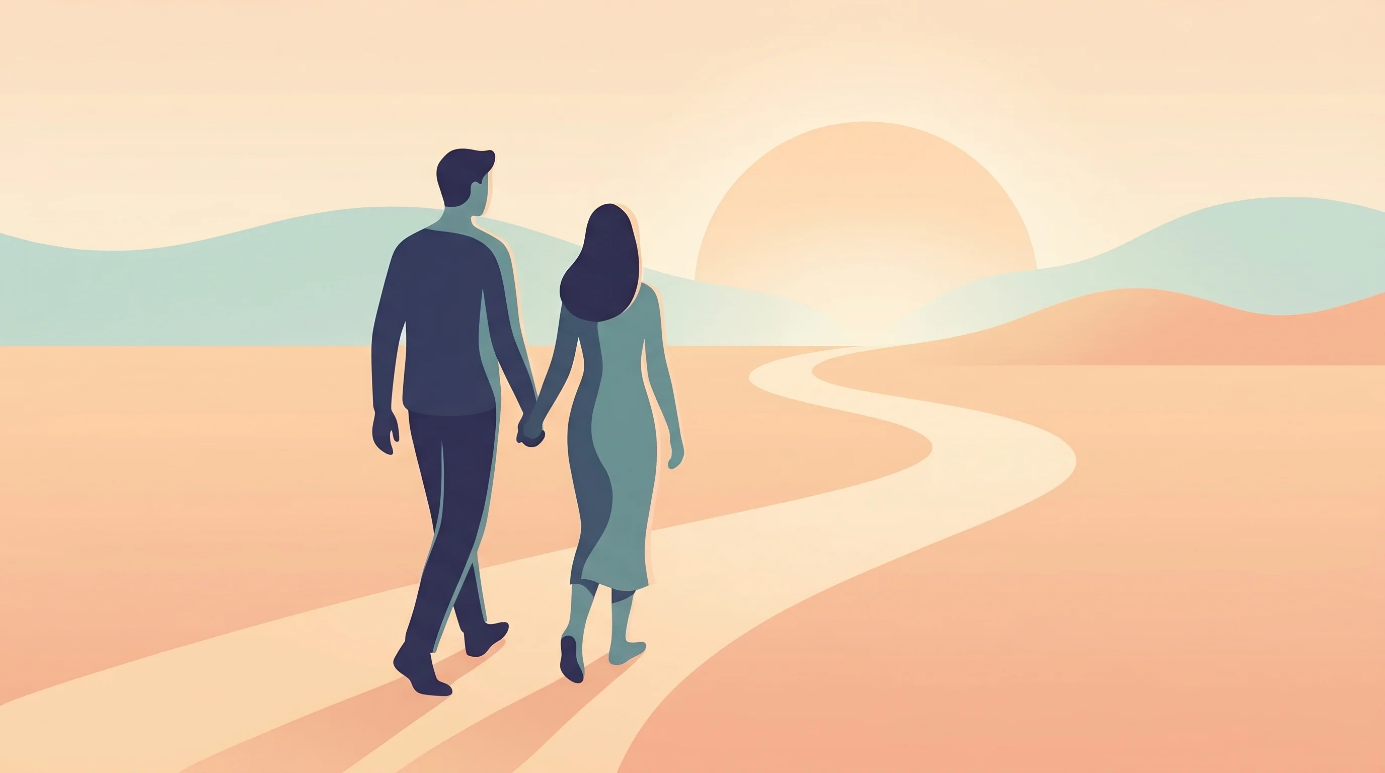 Digital illustration for article section "Content Section 3" in "TIES Launches Men's Fertility Brand with $1.5M HumanCo Backing" - A minimalist Japanese illustration depicting a shared journey of partnership and preconception, feat...