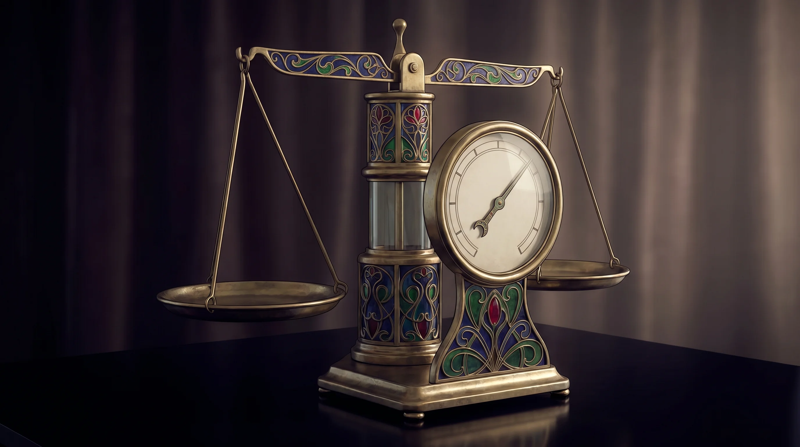 Digital illustration for article section "Benchmarking the Gap" in "YC's Haladir Emerges with AI to Optimize Logistics Operations" - A solitary, intricate brass and glass balancing scale rests on a smooth, dark surface, serving as a ...
