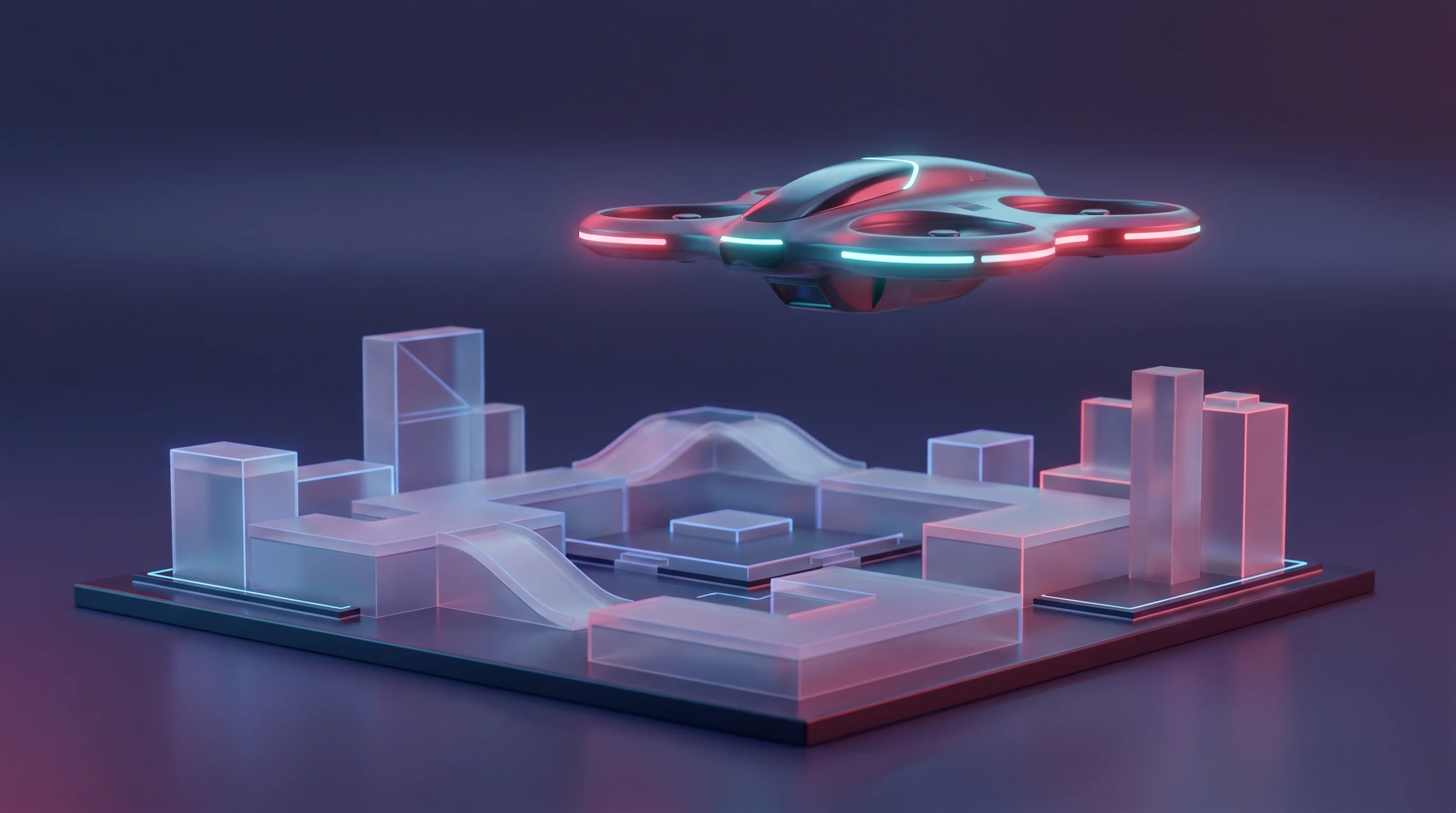 Digital illustration for article section "What the Money Buys" in "SkyfireAI Raises $11M Seed for Multi-Drone Coordination Platform" - A sleek, modern first responder drone hovering above a minimalist, abstract architectural model of a...