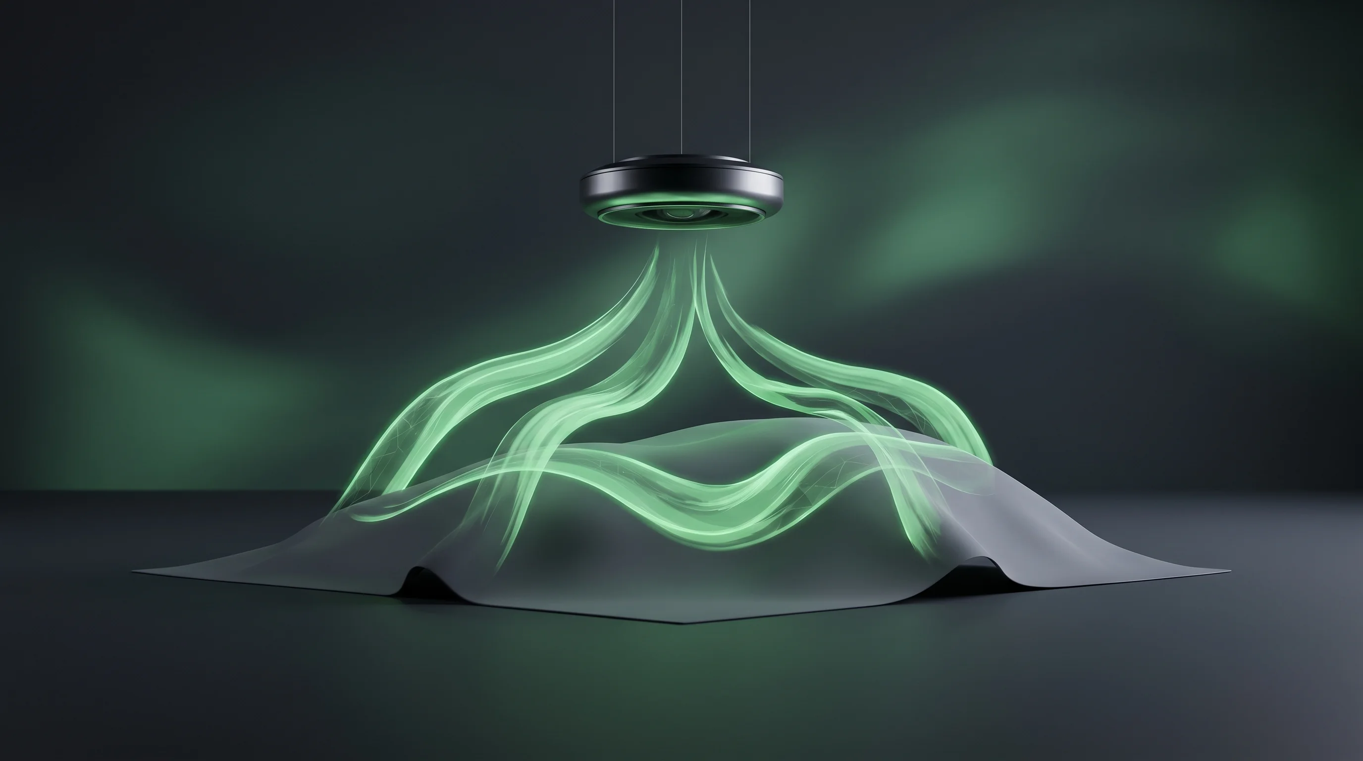 Digital illustration for article section "The Technology: Light Instead of Liquid" in "Hypervision Surgical Raises £17M Series A for AI Surgical Imaging" - A minimalist and conceptual representation of a modern surgical hyperspectral imaging system, featur...