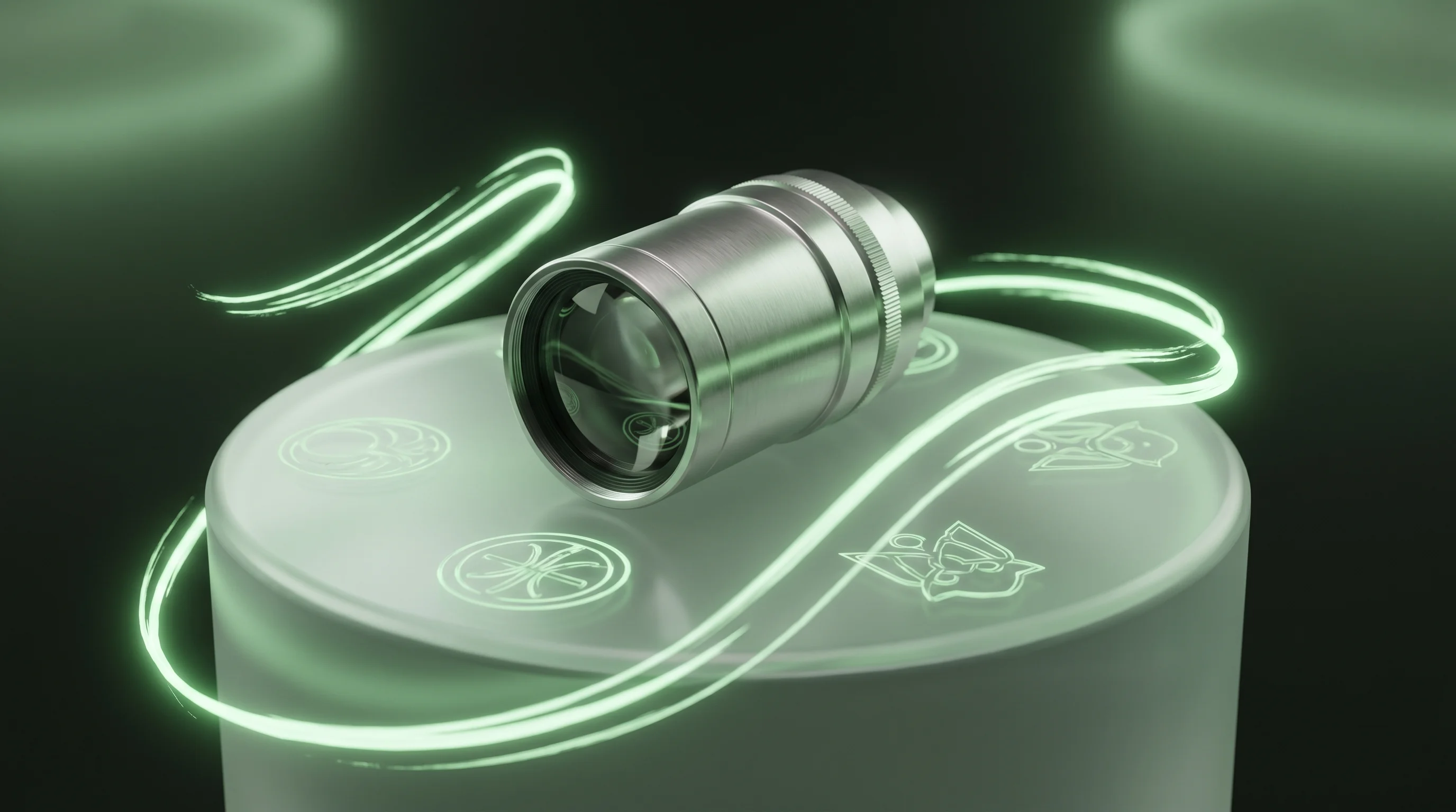 Digital illustration for article section "Regulatory Milestones and Early Use" in "Hypervision Surgical Raises £17M Series A for AI Surgical Imaging" - A sleek, minimalist surgical telescope lens resting on a smooth, modern pedestal, symbolizing a newl...