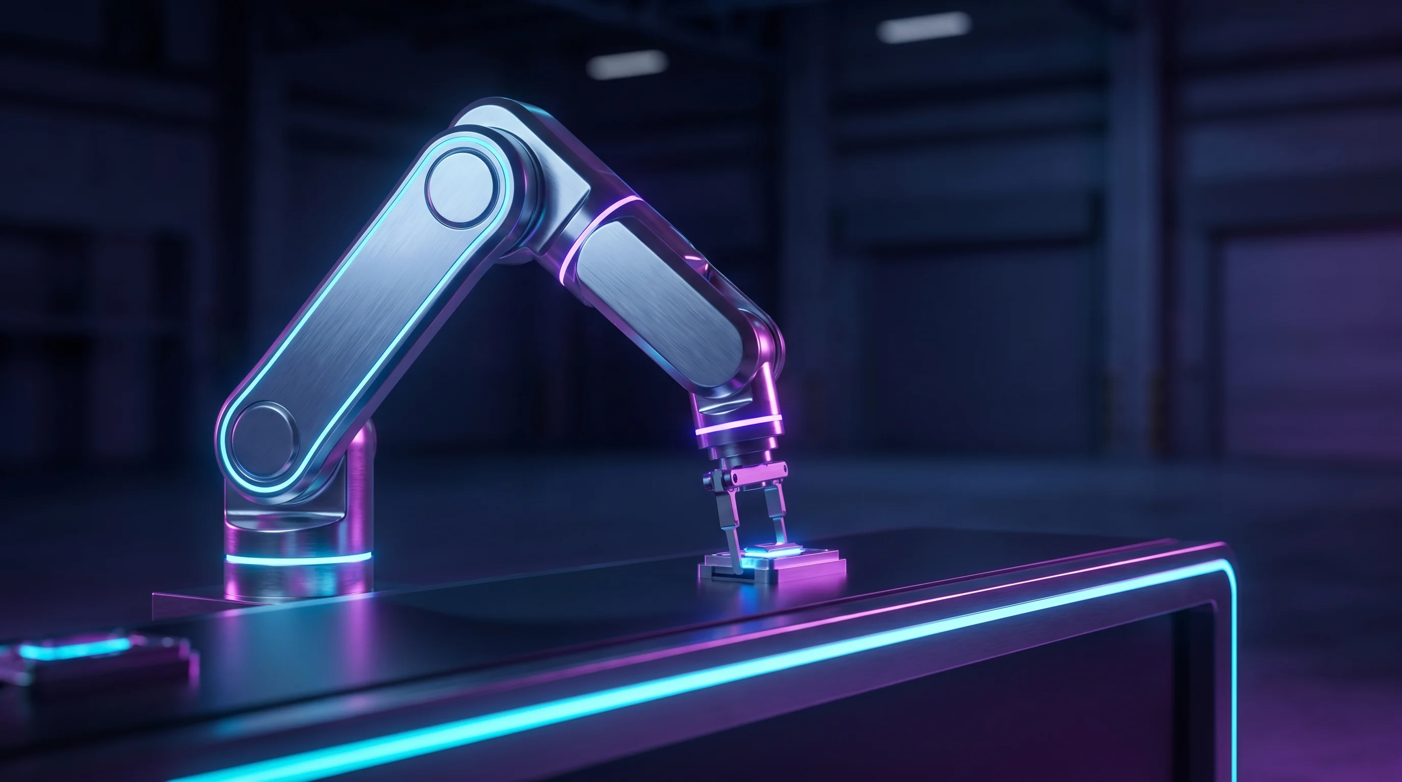 Digital illustration for article section "The Real Test" in "Egypt's Raedbots Launches First Local Industrial Robotics Manufacturer" - A sleek, modern industrial robotic arm performing a highly precise task on a clean, minimalist produ...