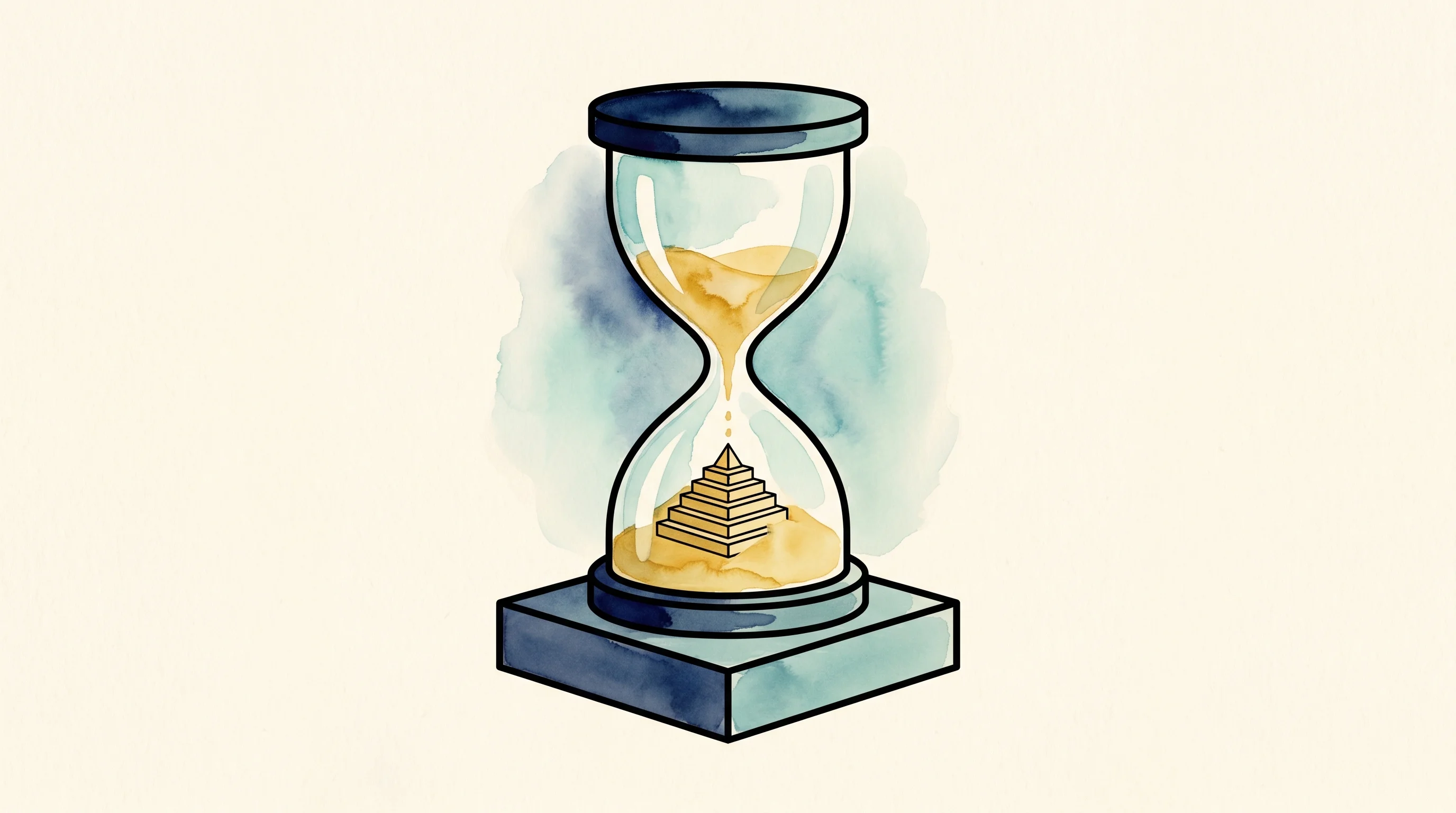 Digital illustration for article section "The Asset Was Time" in "How Busha's $4.2M Seed Survived Nigeria's Crypto Ban to Win Licensing" - A conceptual, minimalist illustration of an elegant hourglass resting firmly on a solid, geometric s...