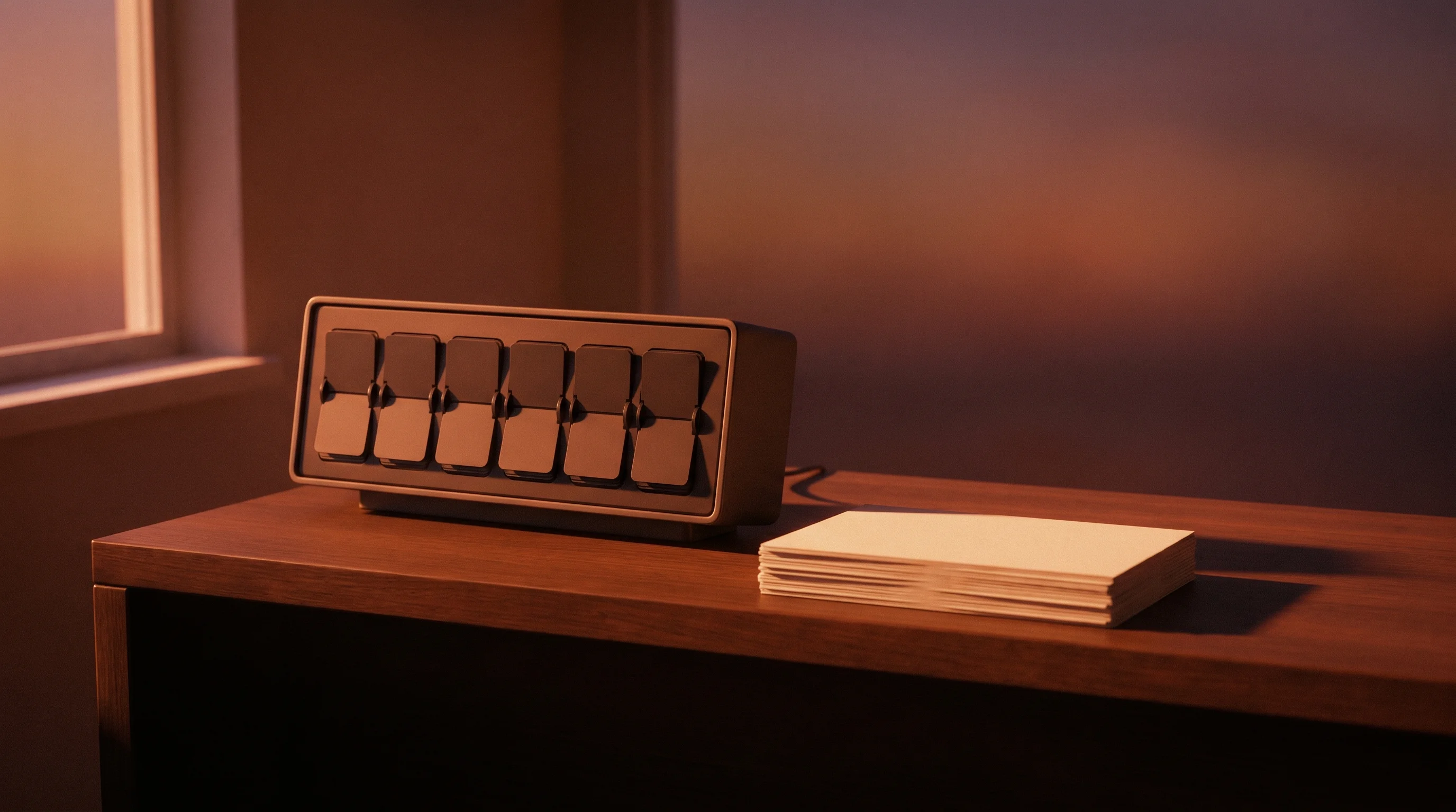 Digital illustration for article section "The Hacker News Effect" in "How LocalSend Became the Cross-Platform AirDrop Alternative" - A minimalist, conceptual still-life focusing on a clean, modern desk featuring a retro-styled split-...