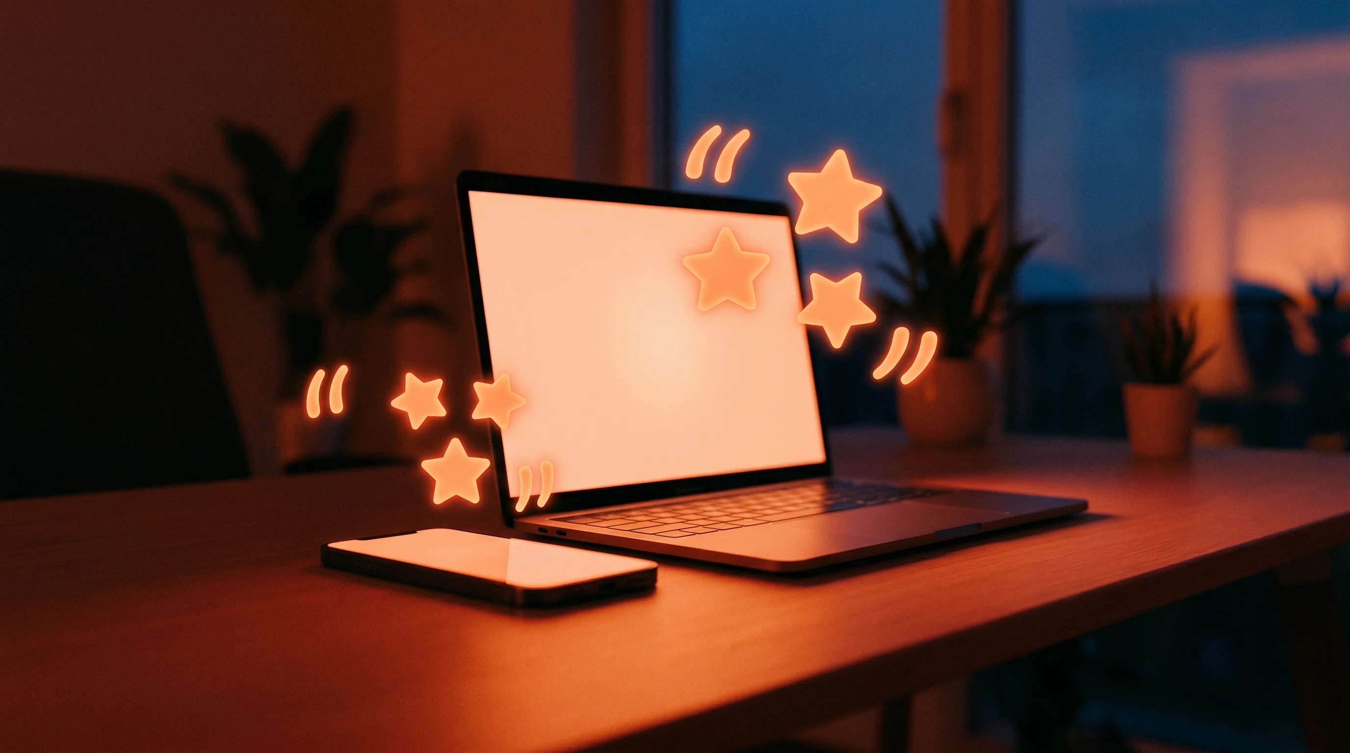 Digital illustration for article section "Relief, Mostly" in "How LocalSend Became the Cross-Platform AirDrop Alternative" - A sleek, modern smartphone and an elegant laptop resting side-by-side on a minimalist, uncluttered d...