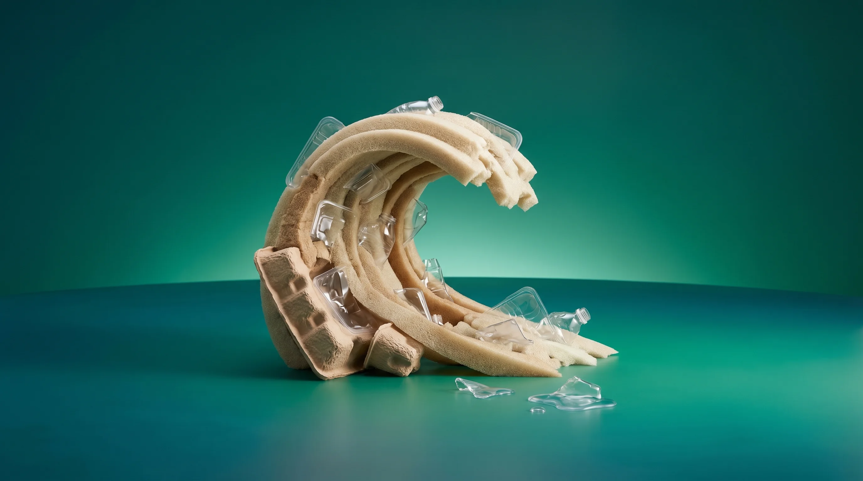 Digital illustration for article section "The Regulatory Tide (Maybe)" in "Cruz Foam's $18M Series A Journey: From Shrimp Shells to Market" - A minimalist, conceptual art composition representing the regulatory tide of sustainable packaging, ...
