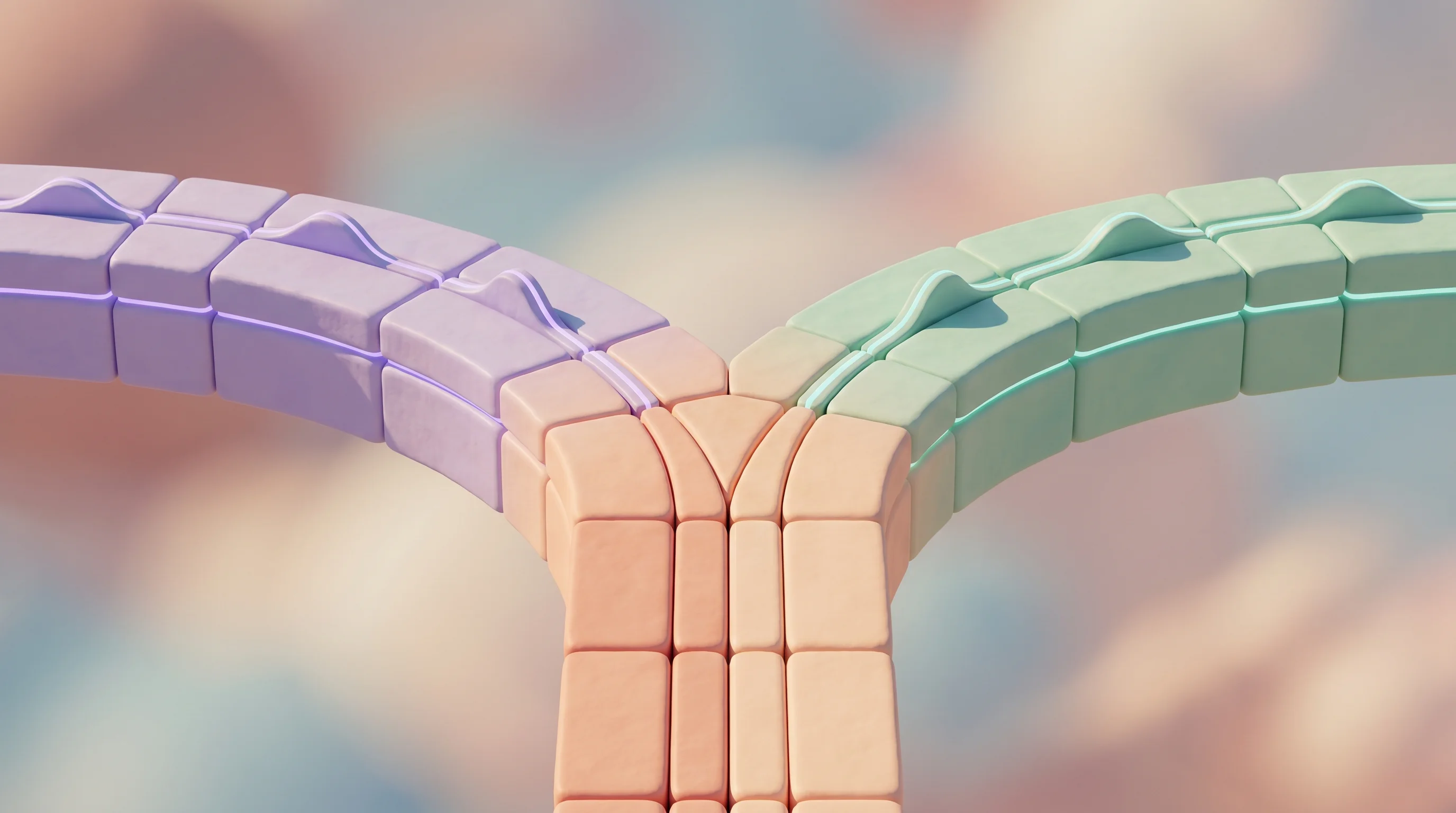 Digital illustration for article section "Two Diverging Paths" in "AI Voice Wars: How Platforms Are Automating Lead Conversion" - A clean, minimalist 3D conceptual image representing two diverging paths in a market, featuring a ce...